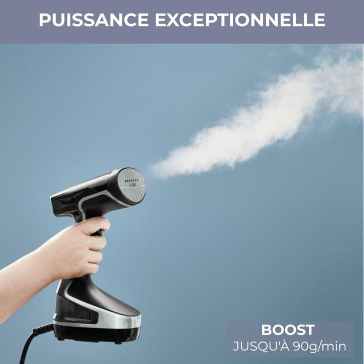 Handdampfer, der Dampf abgibt, mit dem Text 'Boost jusqu'à 90g/min' auf blauem Hintergrund.