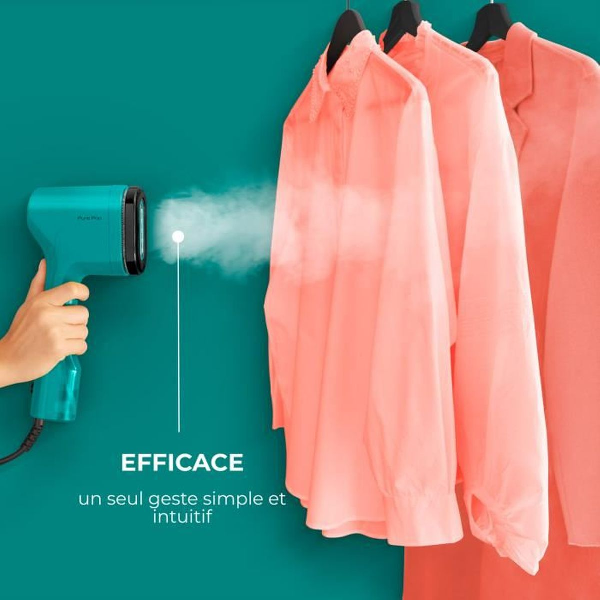 Ein teal Handdampfer, der rosa Hemden bedampft. Das Wort 'EFFICACE' wird angezeigt.