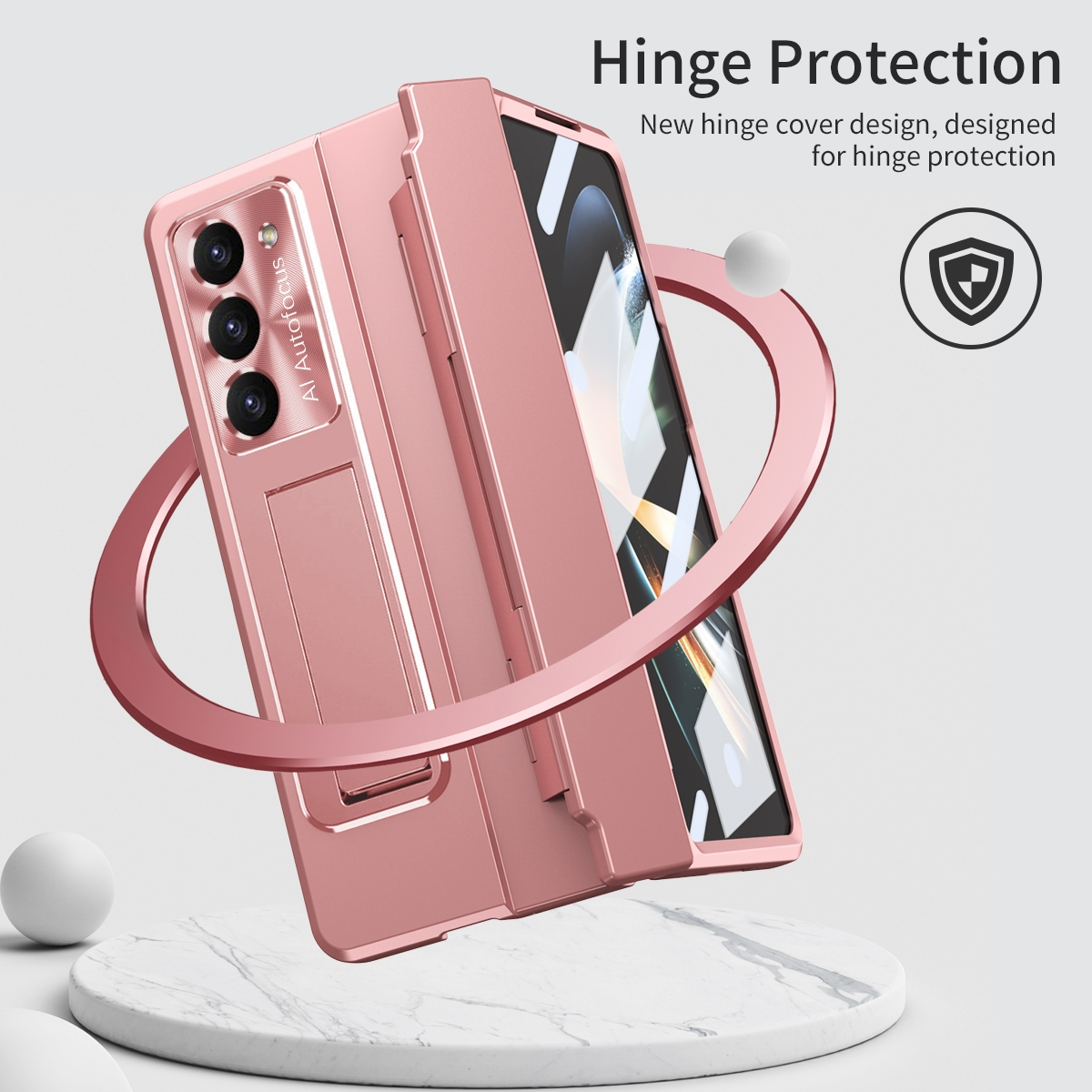 Roségoldenes Handycase mit Scharnierschutz, Telefon eingesetzt, mit Ständer.