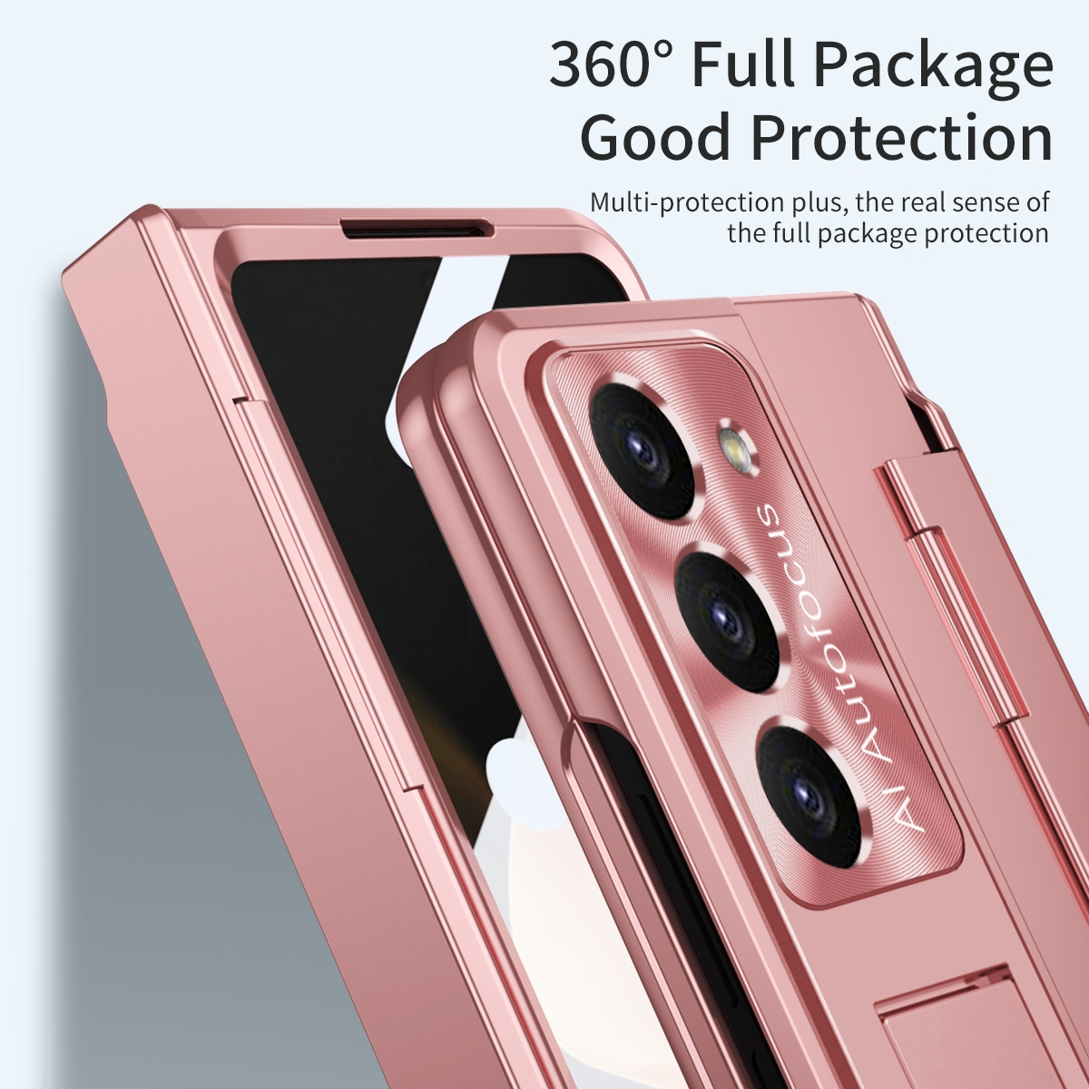 Roségoldenes Handycase mit Kamera und Bildschirm, auf weißem Hintergrund.
