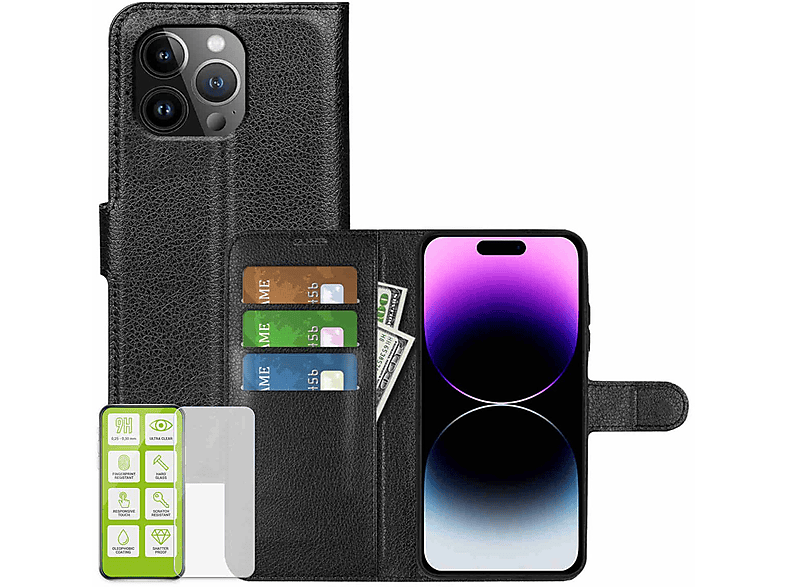 WIGENTO Produktset Book Wallet Hart iPhone Backcover, Glas + H9 Schwarz Pro Max, Tasche Apple, 15 Folie