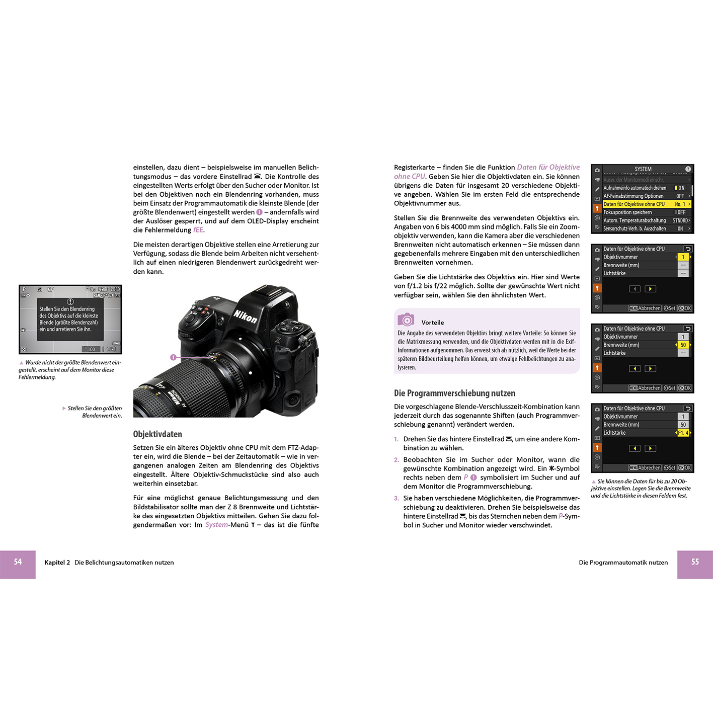 Doppelseite aus einer deutschen Zeitschrift. Text und Bilder zur Verwendung der Kamerafunktionen.