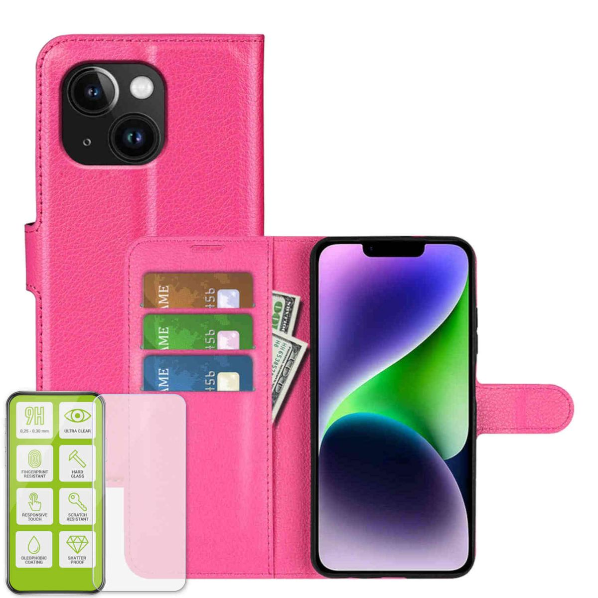 WIGENTO Produktset Book Wallet Tasche Pink Hart Glas Folie, Apple, 15 Plus, Backcover, iPhone + H9