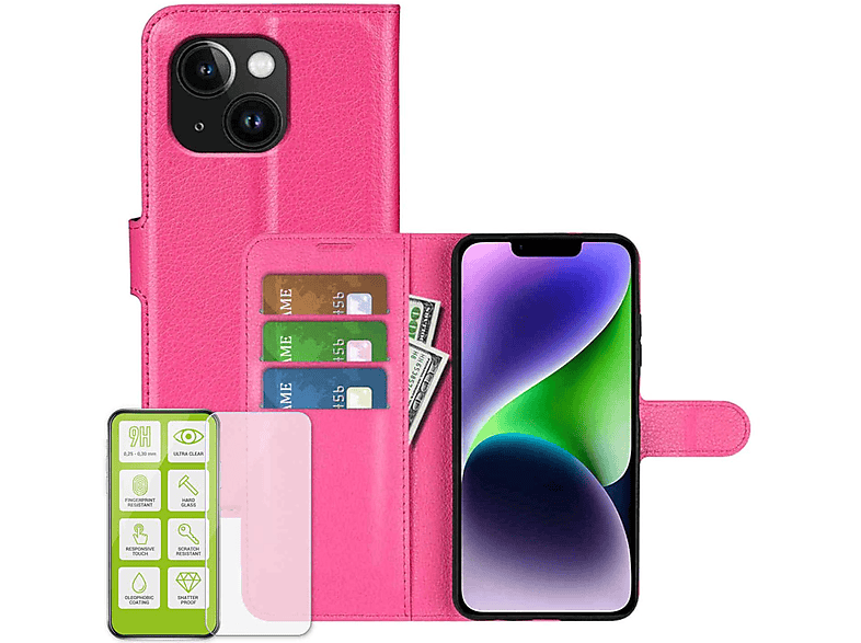 WIGENTO Produktset 15 Wallet iPhone Pink + H9 Folie, Hart Plus, Book Glas Tasche Backcover, Apple