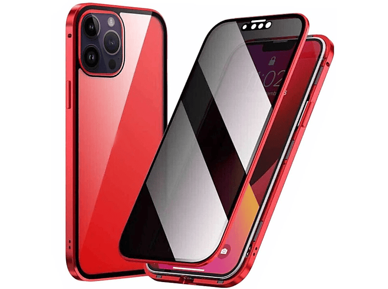 WIGENTO Beidseitiger 360 Grad Magnet / Glas Privacy Mirror Hülle, Full Cover, Apple, iPhone 15 Pro Max, Rot / Transparent