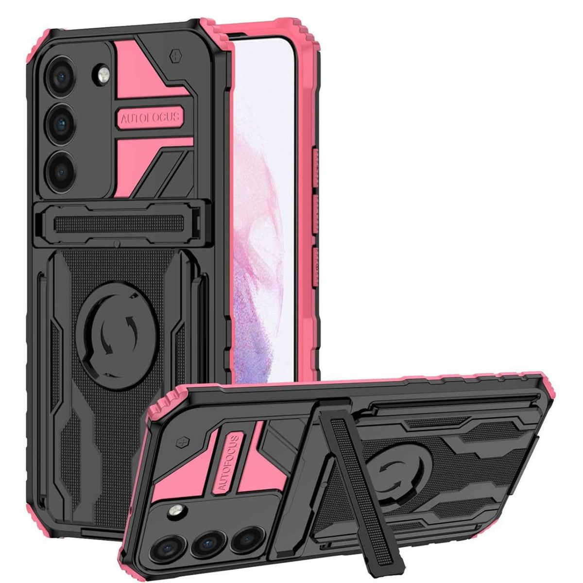 Eine rosa-schwarze Handyhülle mit Ständer wird gezeigt, das Handy zeigend.