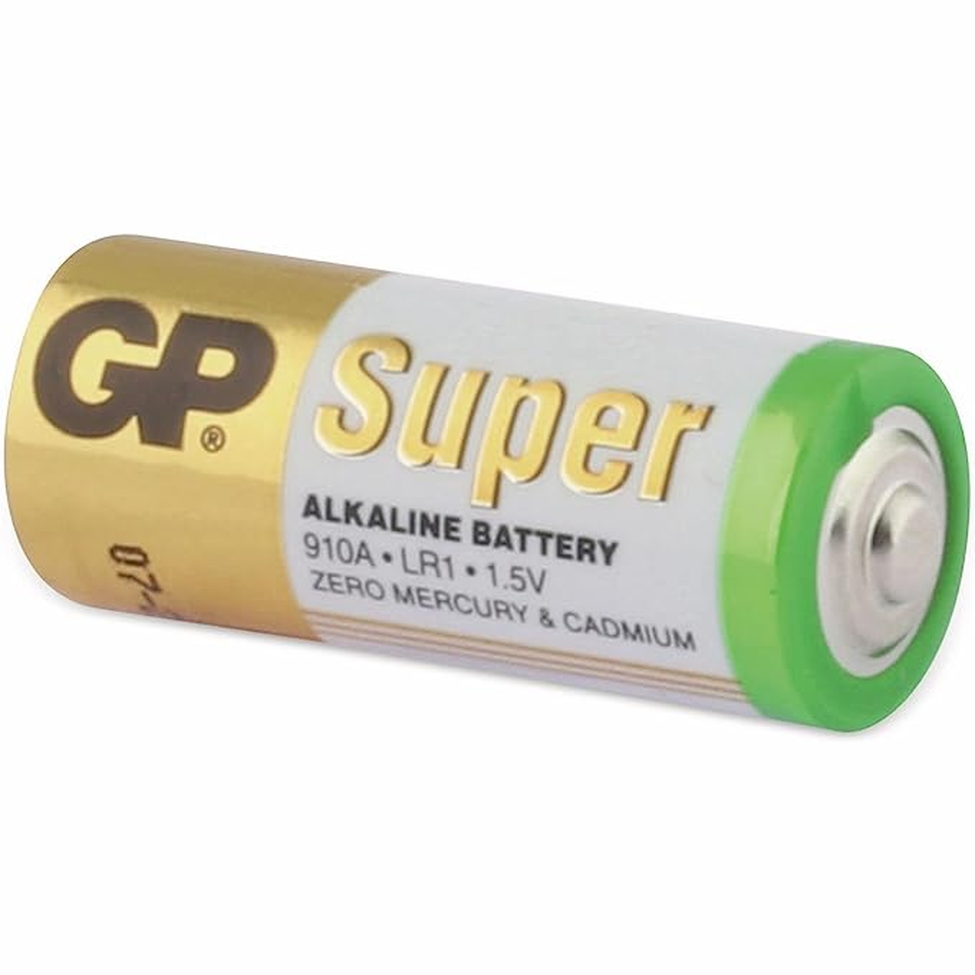 Pila alcalina GP Super. La pila è oro, bianca e verde. Testo 'Super' e '910A'.