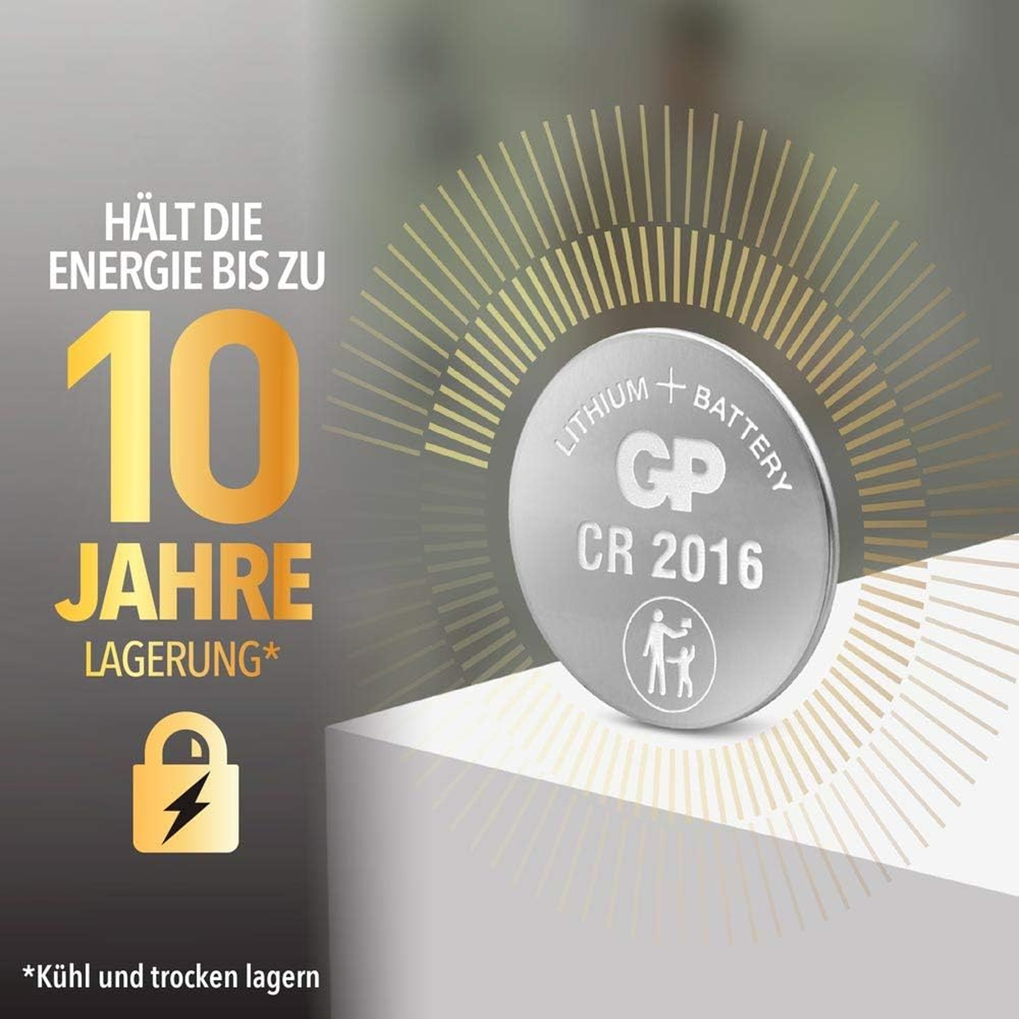Kleine runde GP CR 2016 Lithium-Batterie mit Text und einem Schloss-Symbol.