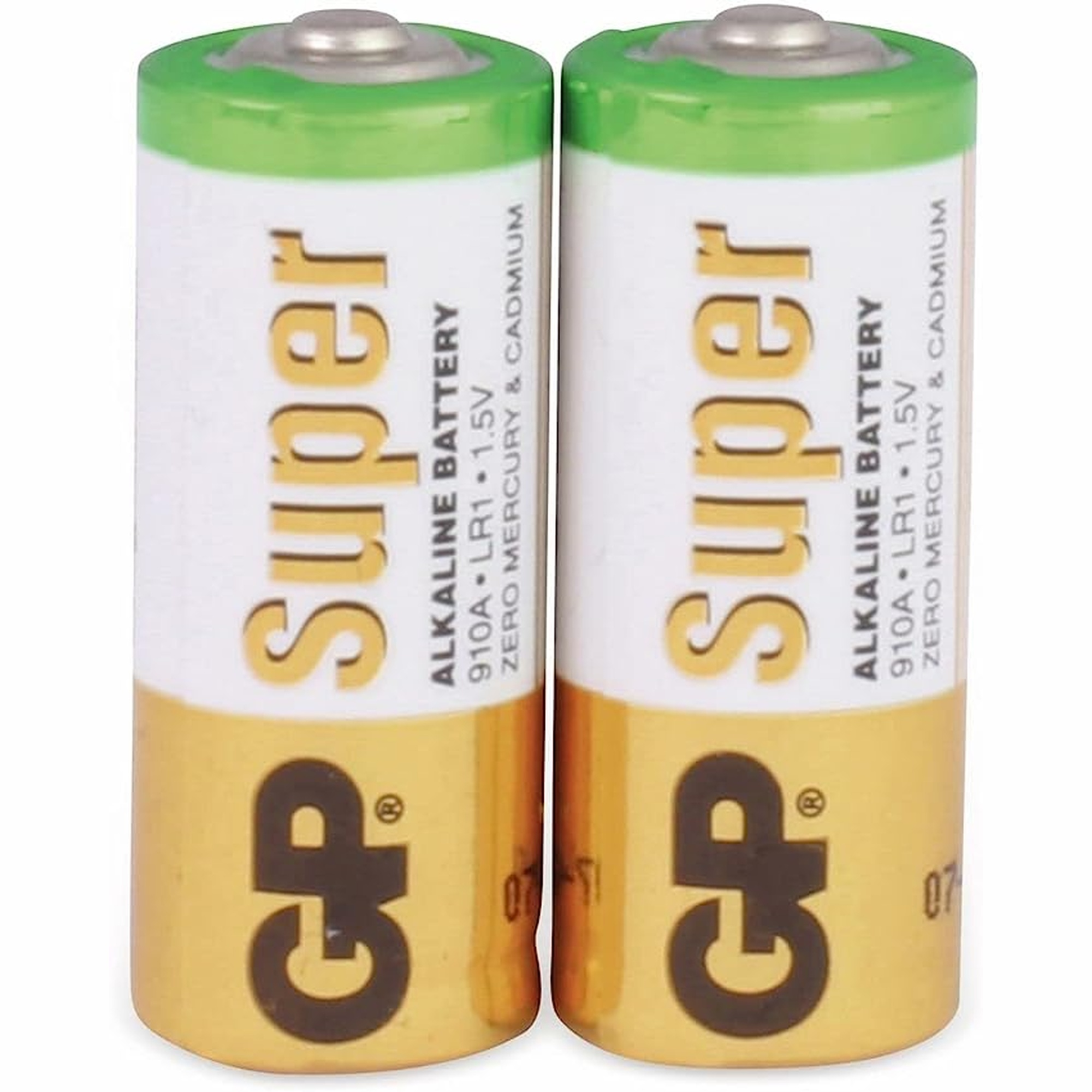 Due batterie AA, parte superiore verde, base dorata, marchio Super, con testo.