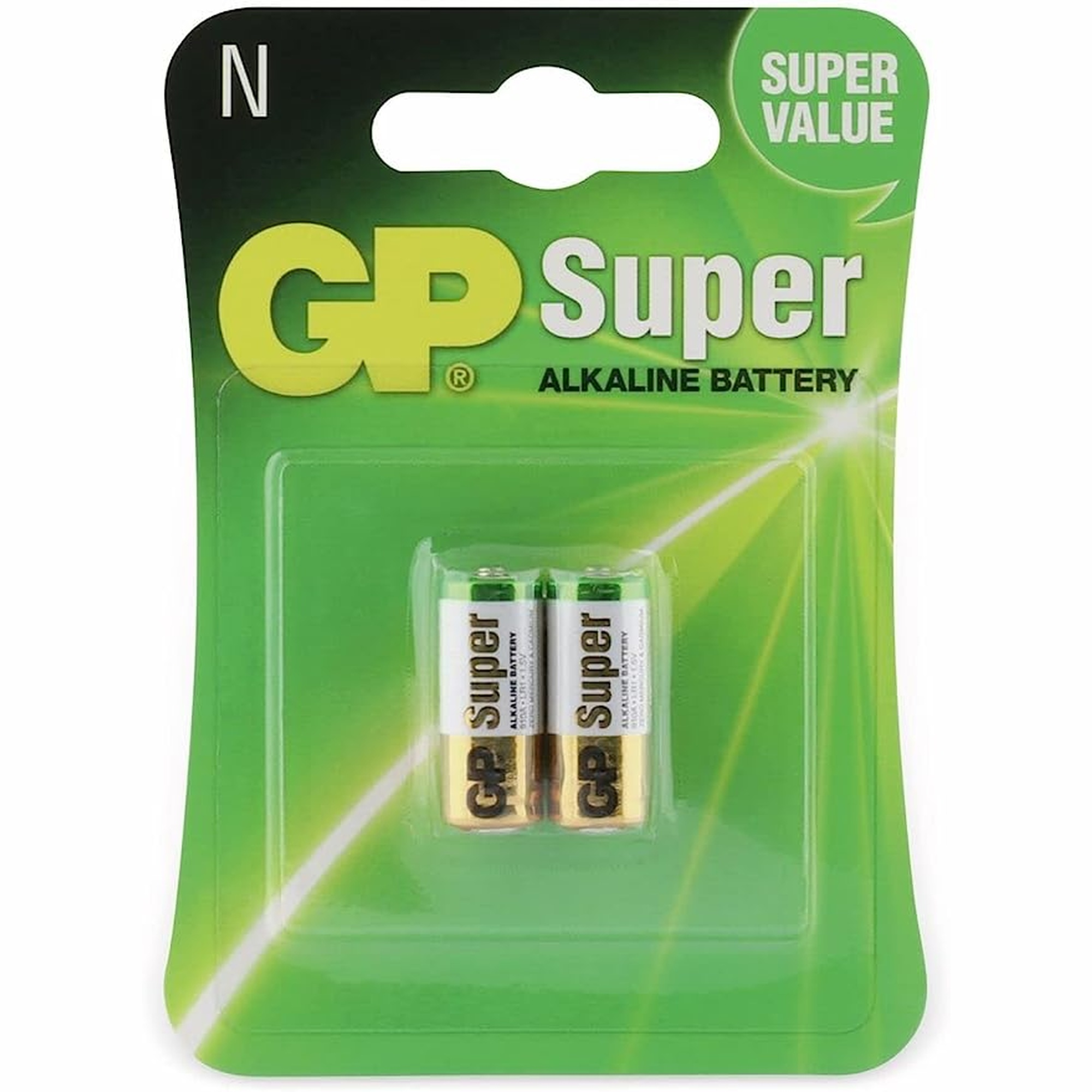 Una confezione di batterie alcaline GP Super verde e bianca con due batterie visibili.