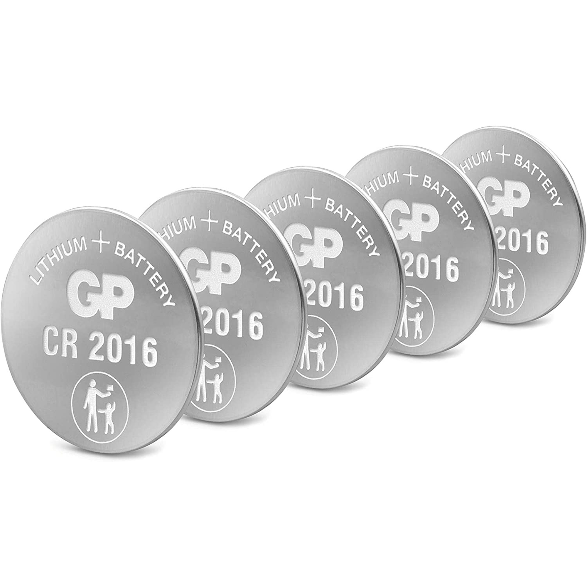 Fünf silberne GP CR 2016 Lithium-Batterien auf weißem Hintergrund.