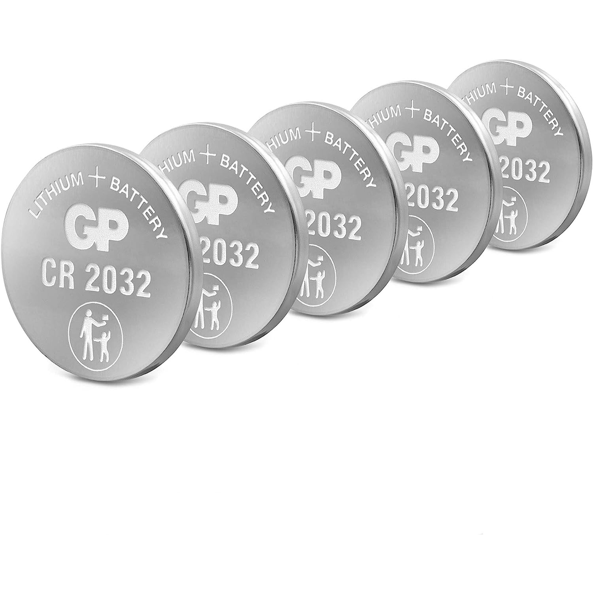 Cinque batterie a bottone al litio CR 2032 argentate. Le batterie hanno i simboli GP e batteria.