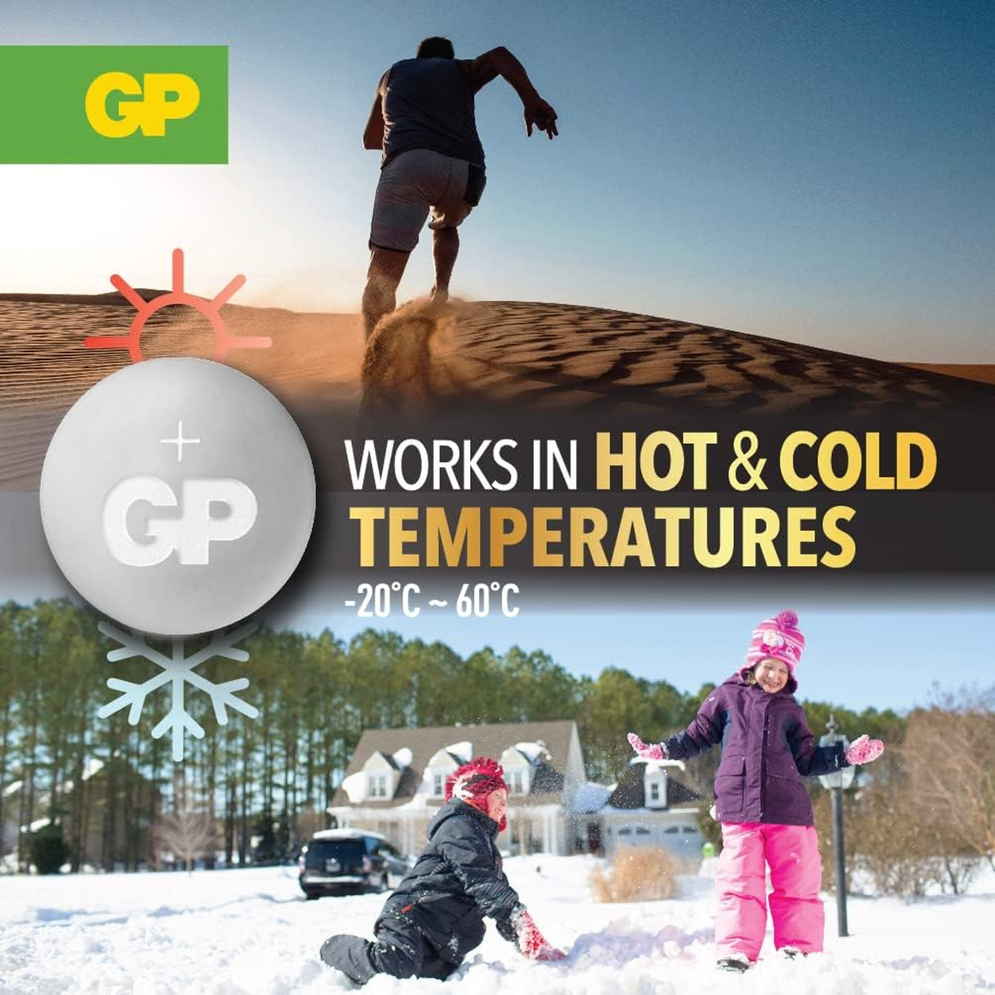 Immagine che mostra una persona che corre su una duna di sabbia, con bambini che giocano nella neve e un logo GP.