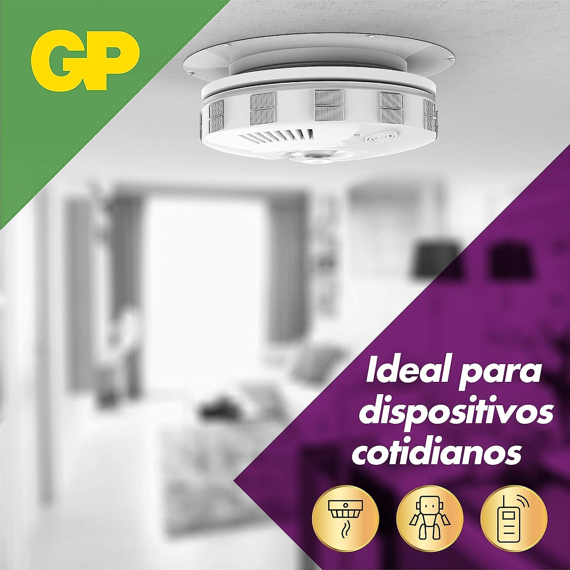 Un detector de humo blanco en un techo con texto: Ideal para dispositivos cotidianos y un logotipo de GP.