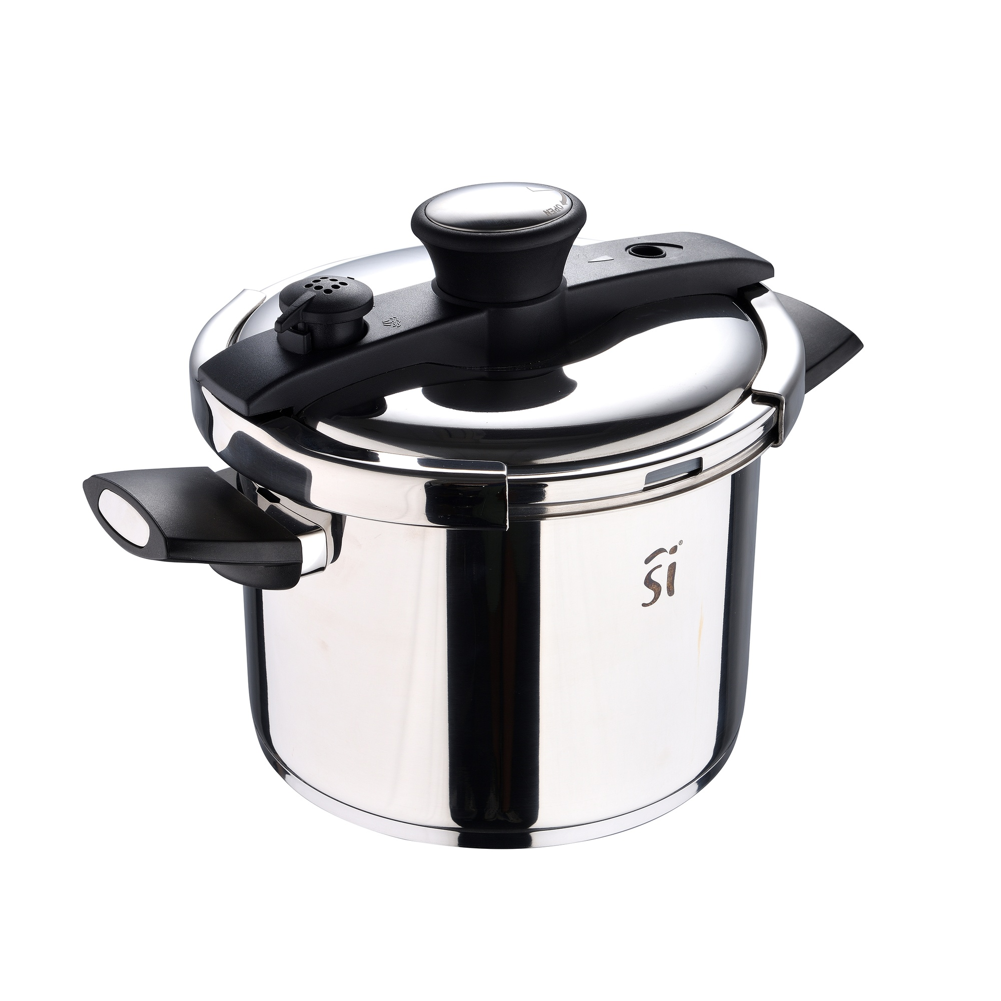 Olla a presión de acero inoxidable. Asa y pomo de tapa negros. Cuerpo plateado, fondo blanco.