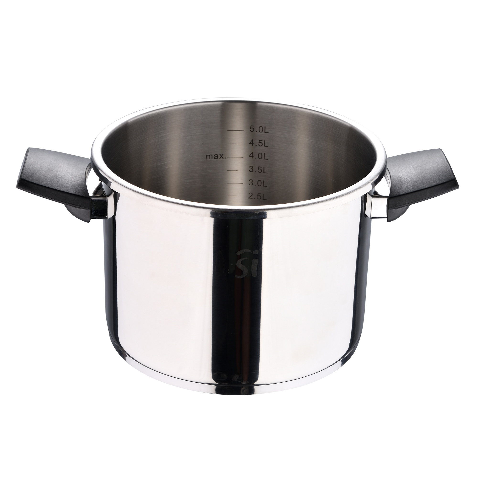 Olla de acero inoxidable con asas negras, fondo blanco.