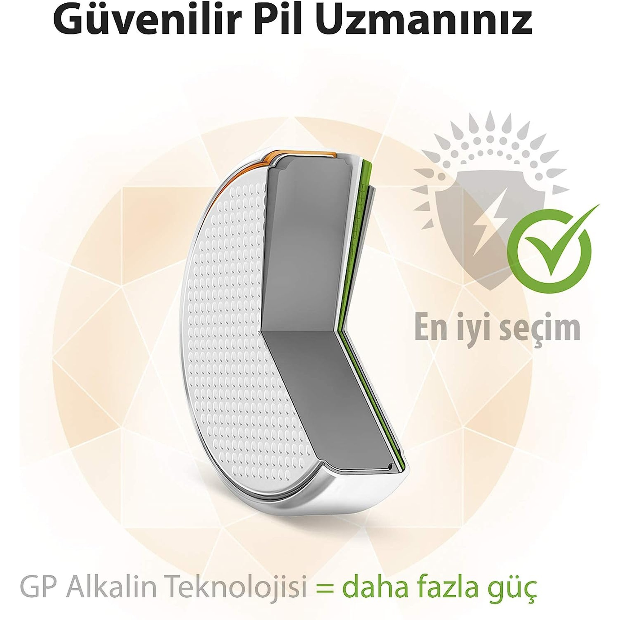 Querschnitt einer Batterie, mit türkischem Text. Die Batterie hat ein grünes Häkchen.