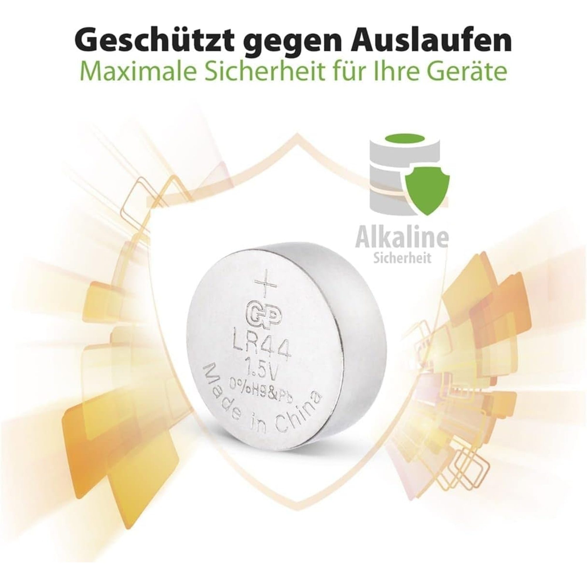Eine Knopfzellenbatterie mit Text und einer Schildgrafik auf weißem Hintergrund.