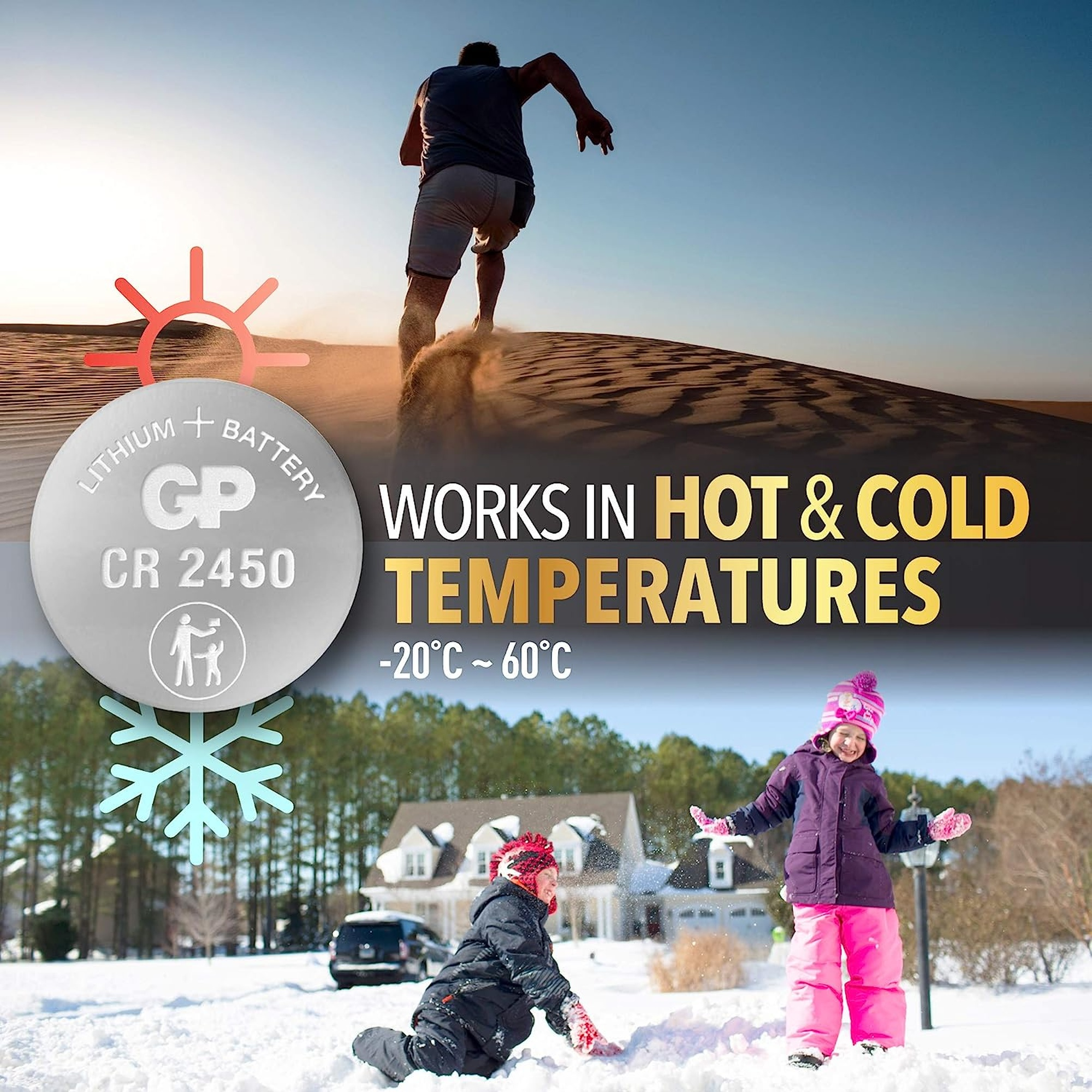Obraz promujący baterię z ludźmi w gorącej i zimnej pogodzie. Tekst brzmi: 'Działa w gorących i zimnych temperaturach'.