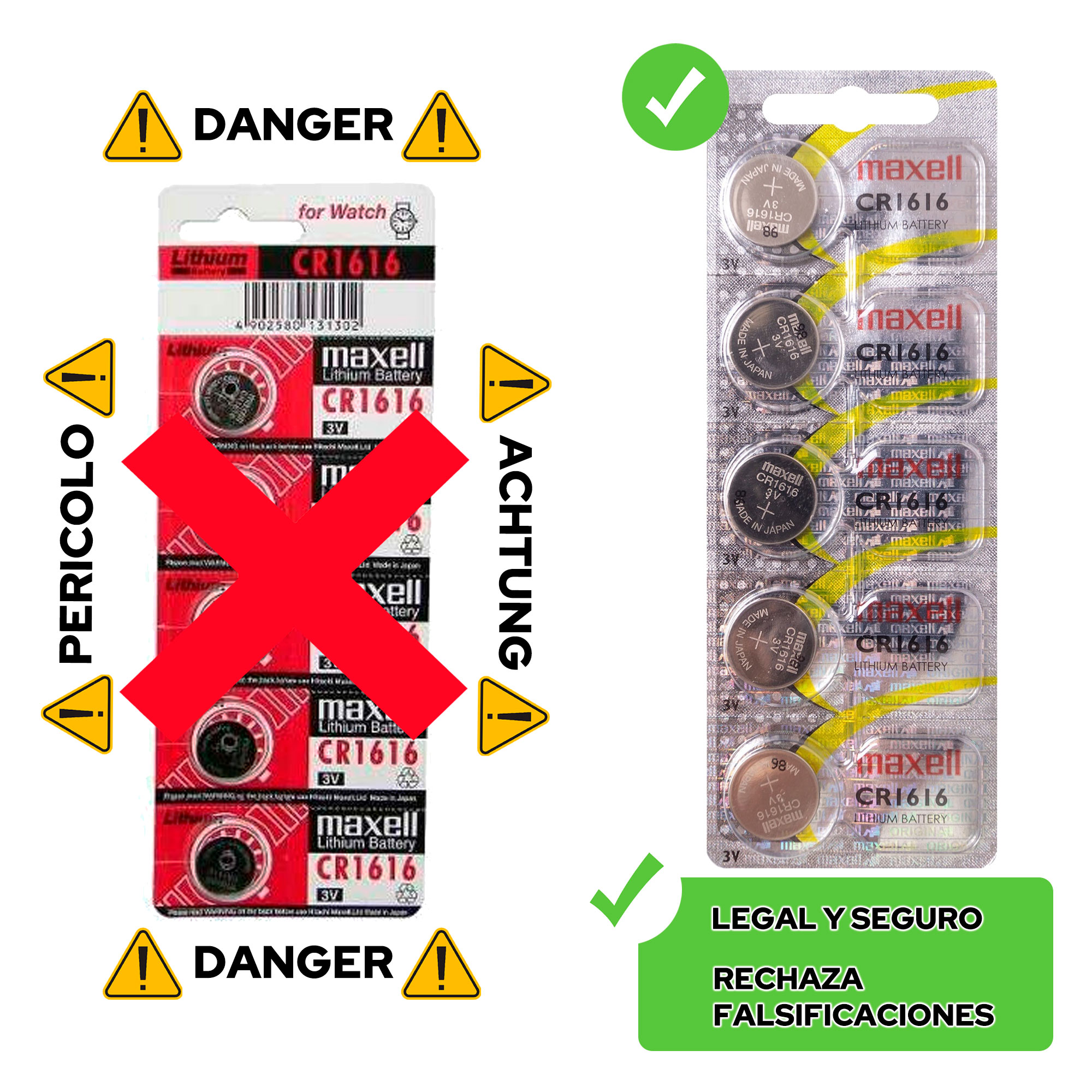 Zestaw baterii. Jeden pakiet jest dobry ze znakiem wyboru. Inne są złe ze znakami niebezpieczeństwa.