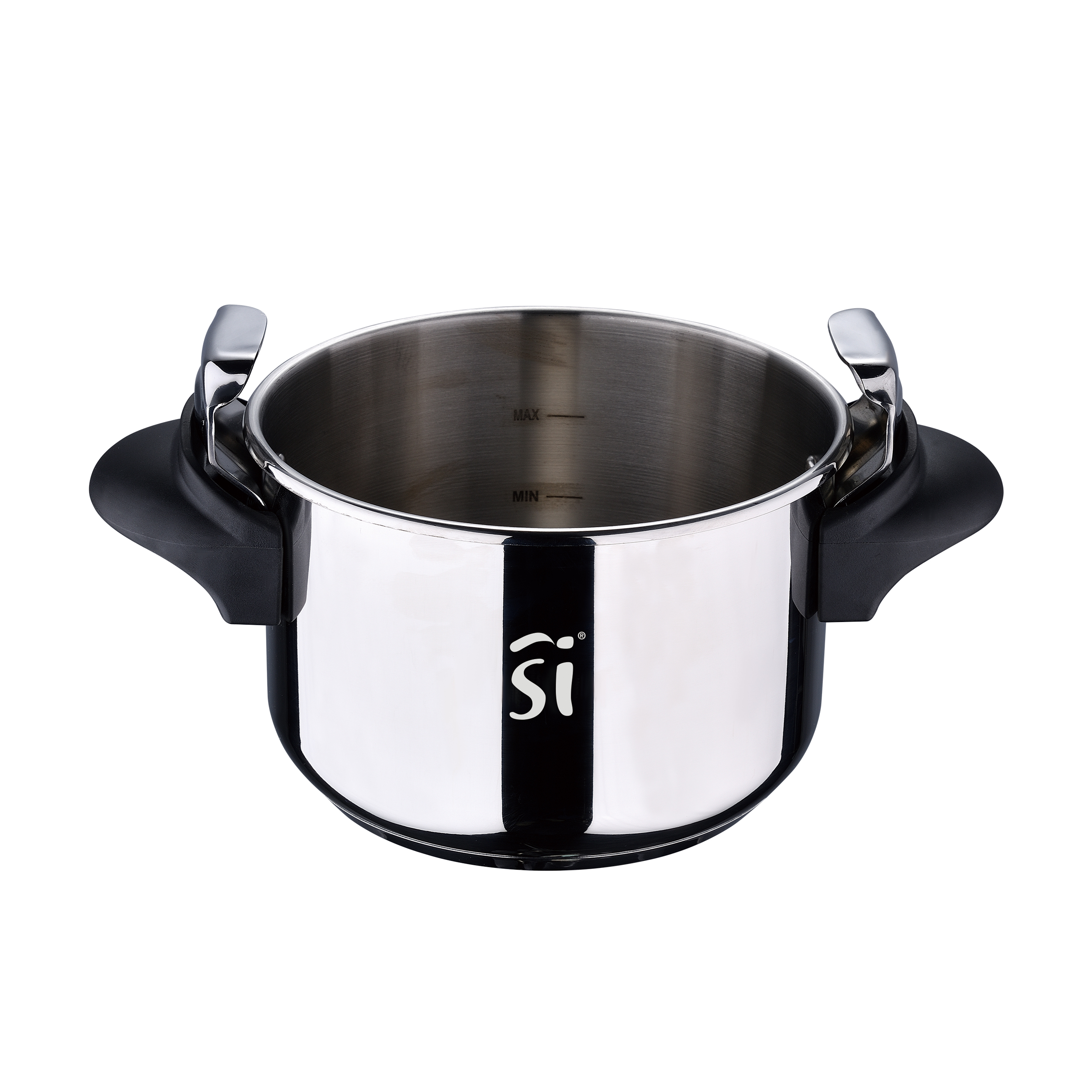 Olla de acero inoxidable, asas negras, con logo 'si'. Fondo blanco.