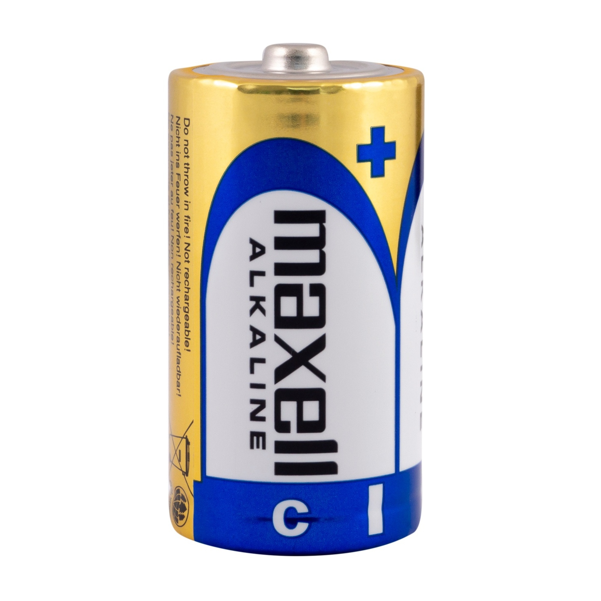 Bateria alkaliczna Maxell C z niebiesko-złotym wzorem na białym tle.