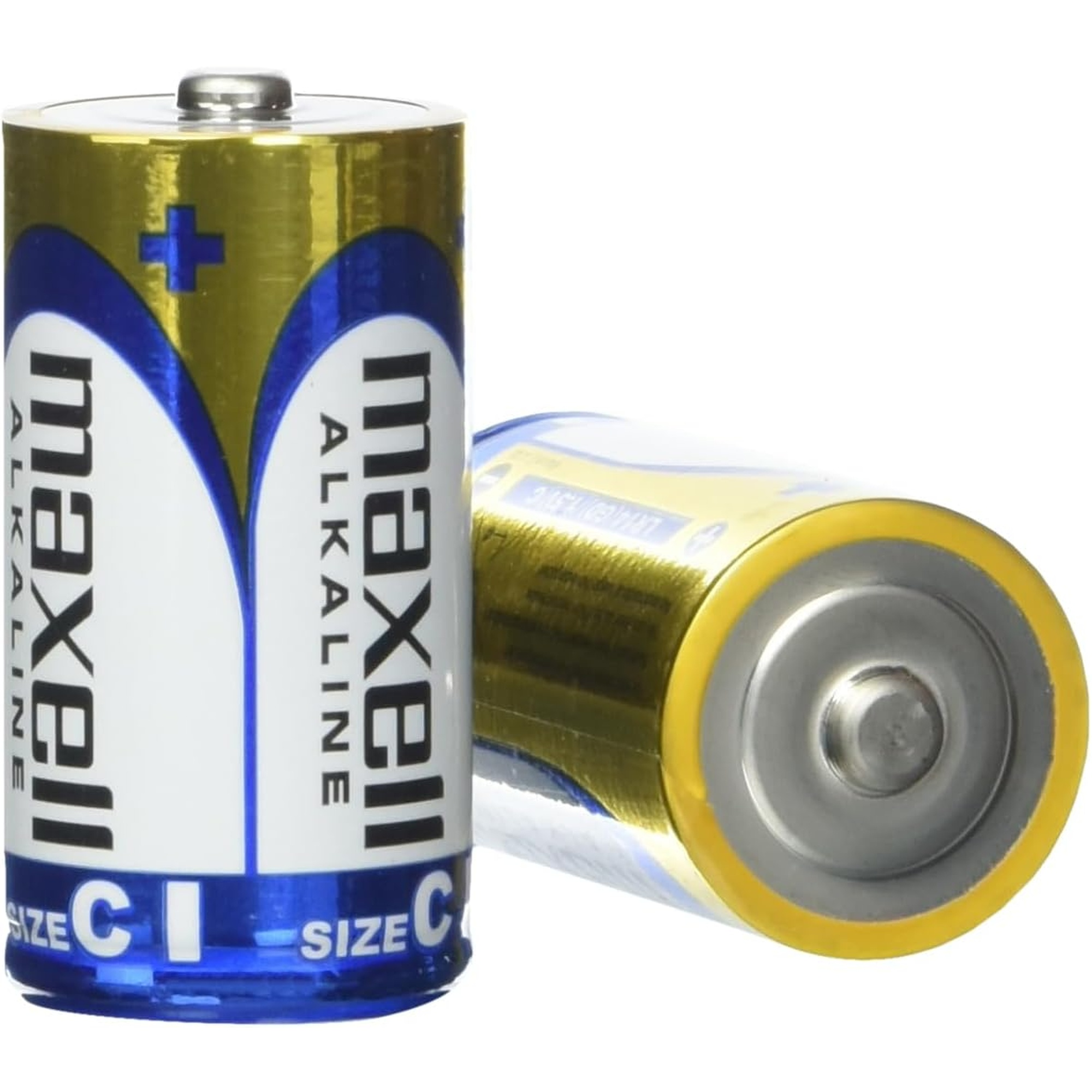 Dwa cylindryczne akumulatory. Jeden stoi pionowo, drugi leży. Oba są oznaczone 'maxell'.