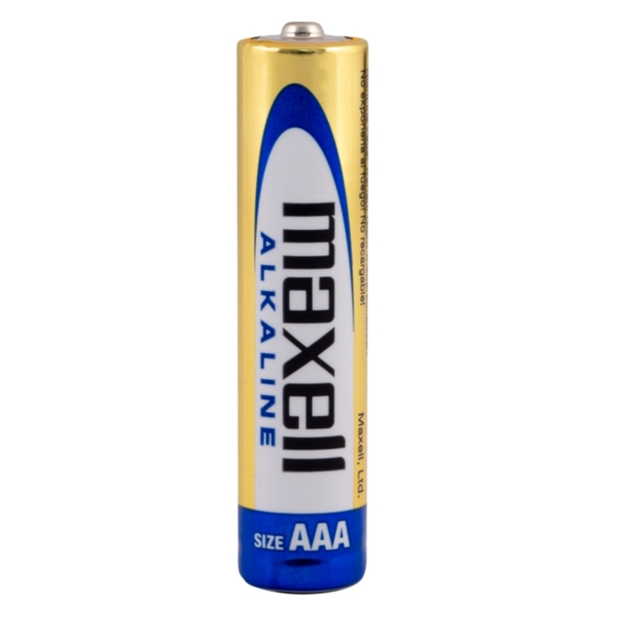 Pojedyncza bateria alkaliczna AAA Maxell, z niebieskim i złotym brandingiem.