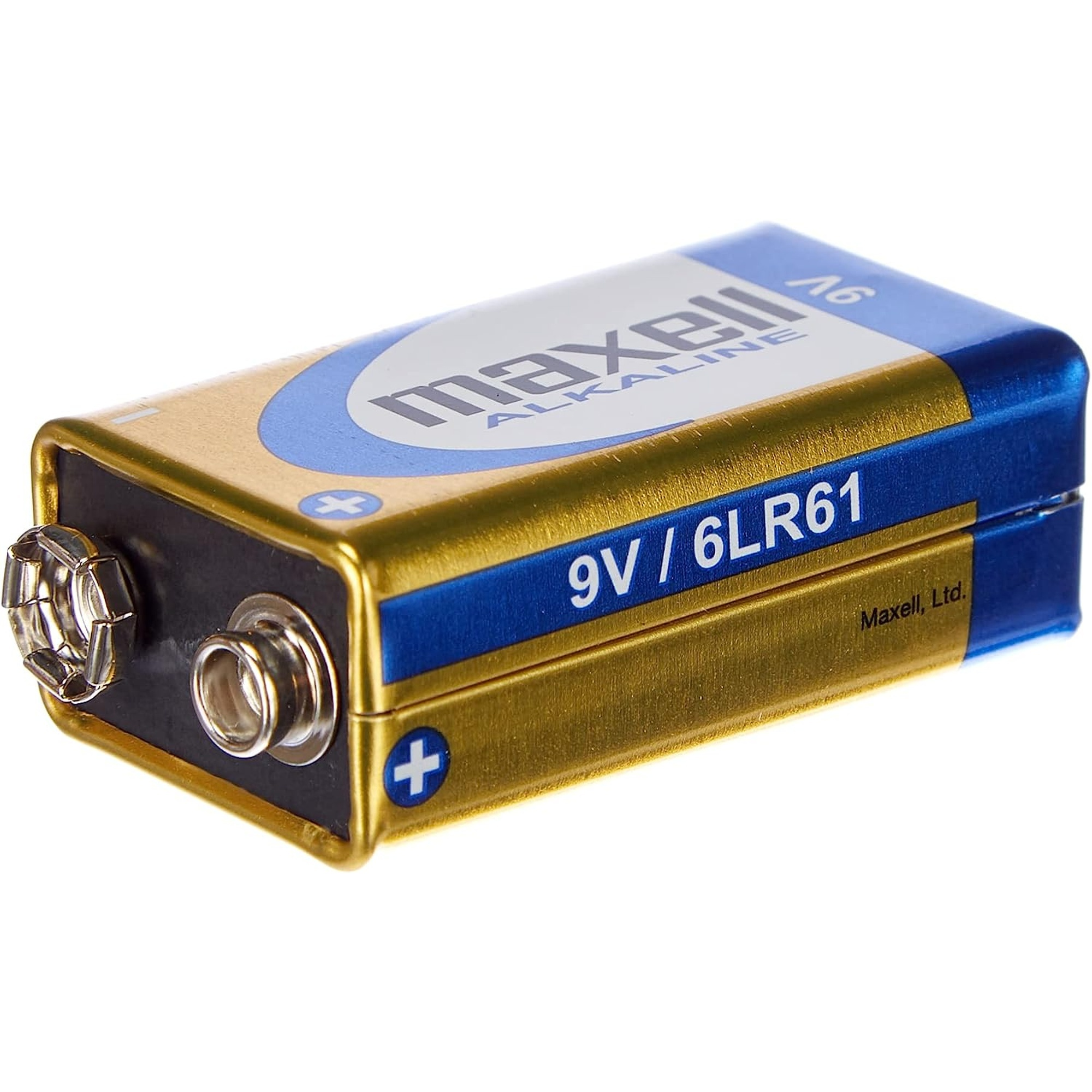 Bateria alkaliczna 9V ze złotym i niebieskim schematem kolorów. Posiada logo Maxell.