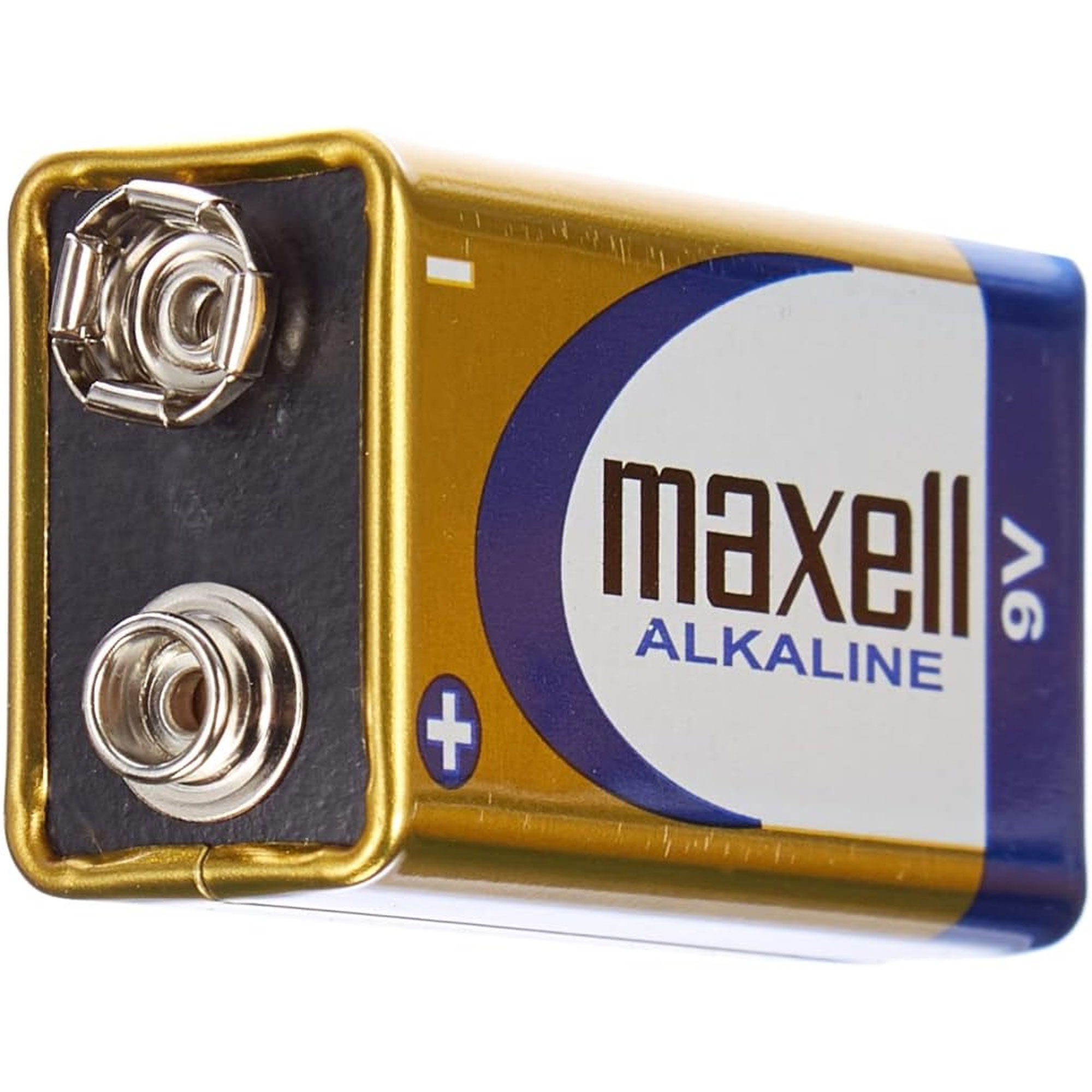 Bateria alkaliczna Maxell 9V, złota i czarna, ze znakiem plus na baterii.