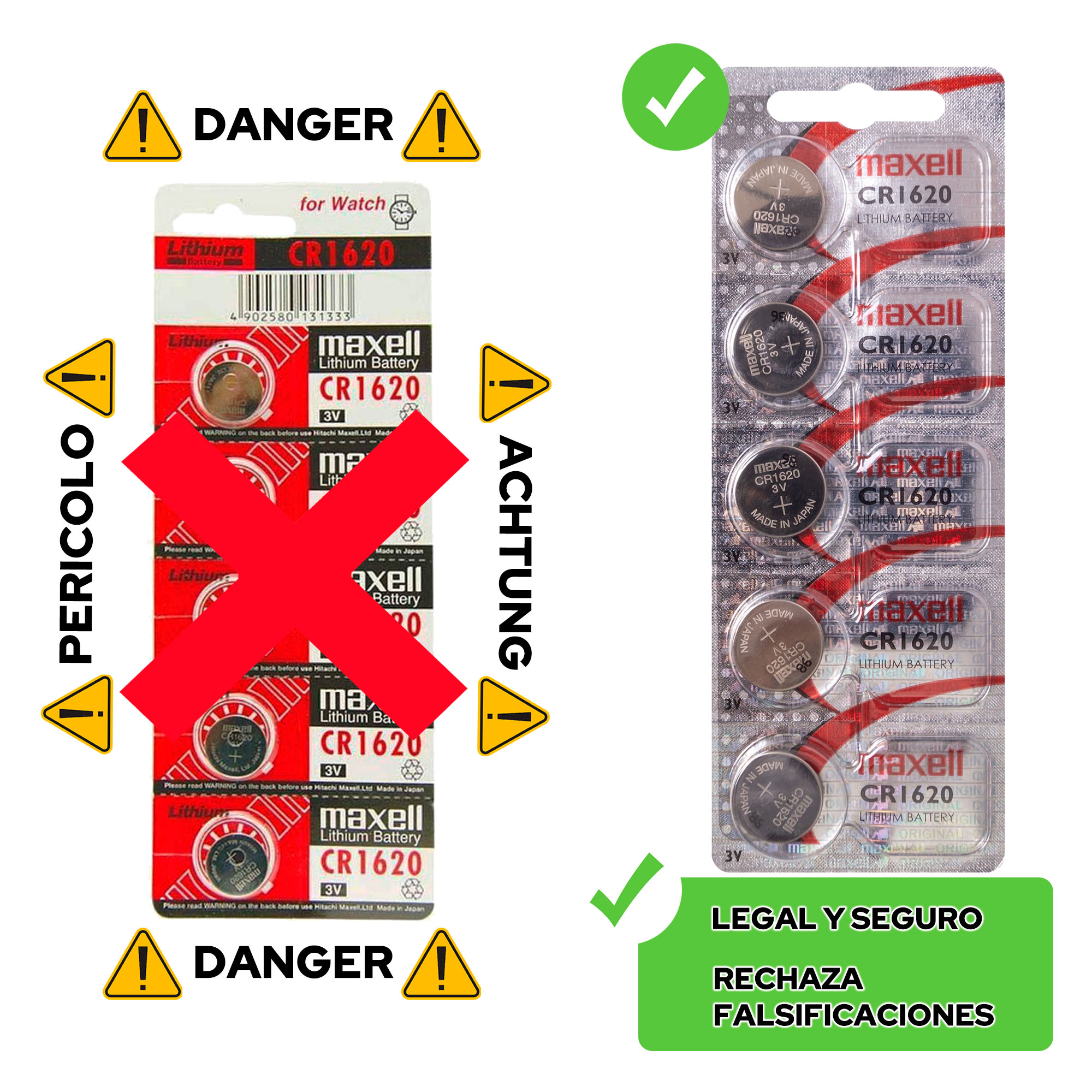 Opakowanie ogniw baterii, oznaczone niebezpieczeństwem oraz legalne i bezpieczne opakowanie na białym tle.