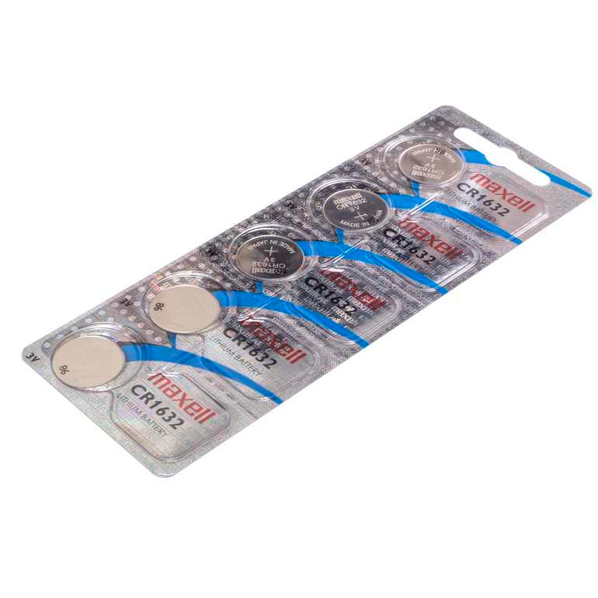 Un blister di batterie al litio Maxell CR1632. Diverse batterie sono visibili.