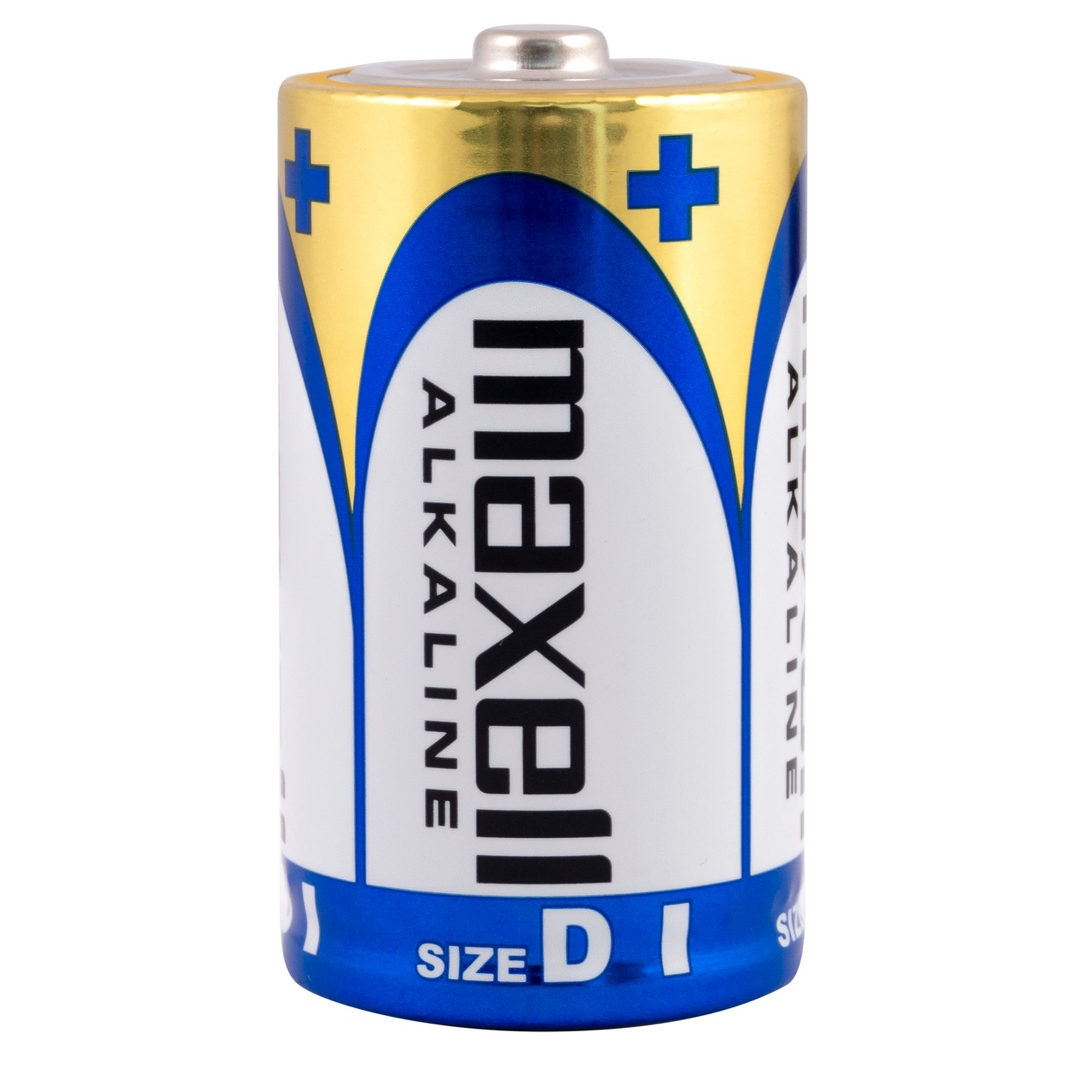 Pila alcalina Maxell D-cell, forma cilíndrica. Diseño azul y dorado. Fondo blanco.