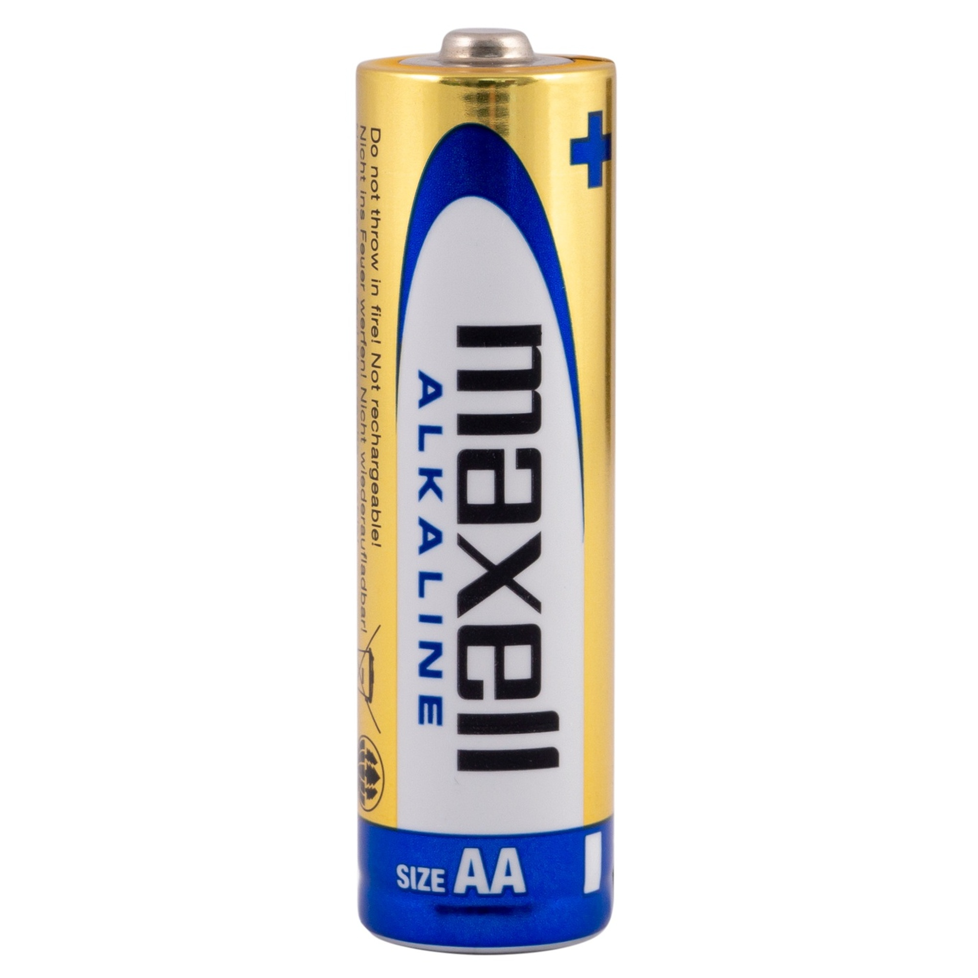 Pila alcalina AA con strisce dorate e bianche. Il testo recita 'maxell alkaline' e 'AA'.