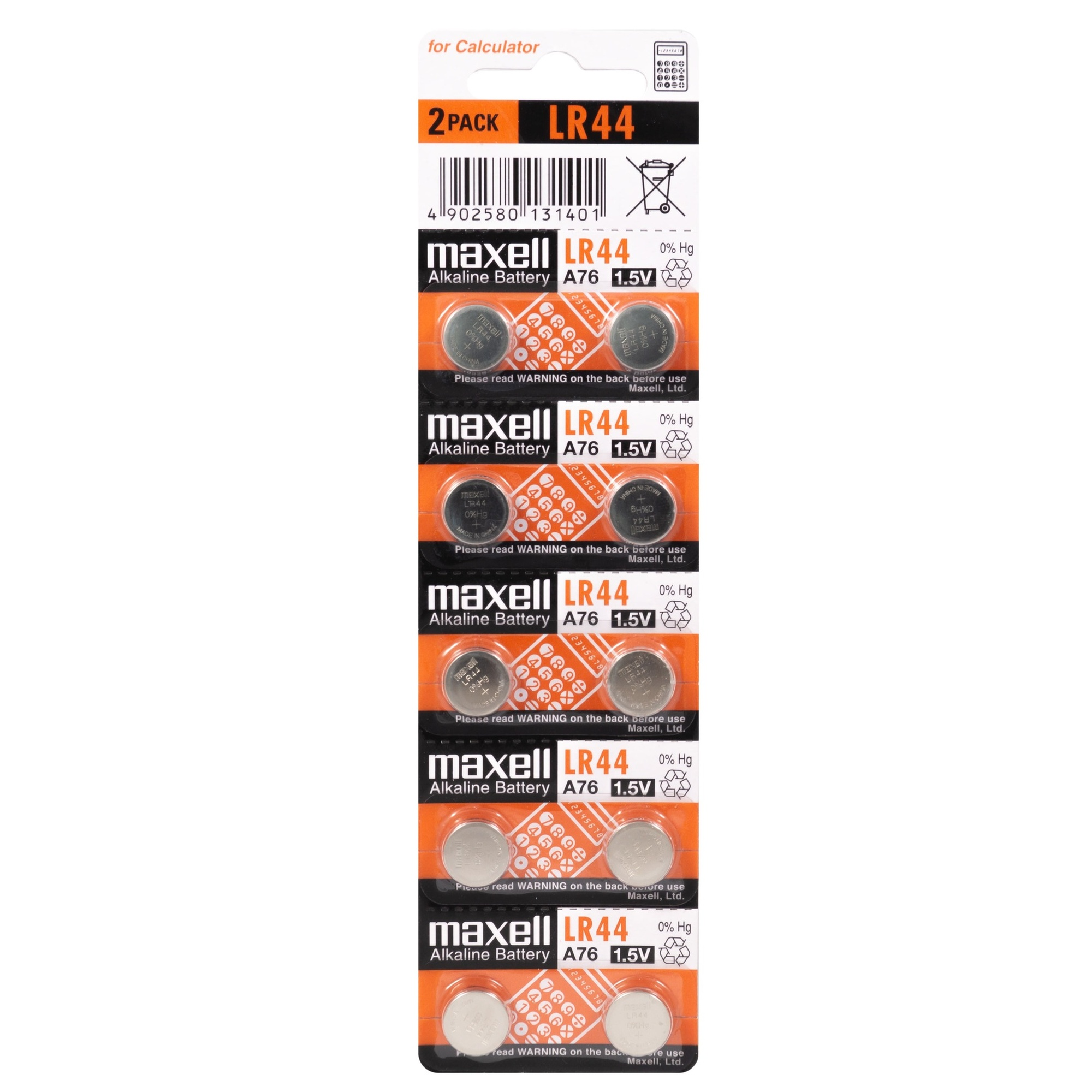 Una confezione da sei batterie a bottone alcaline LR44 in blister.