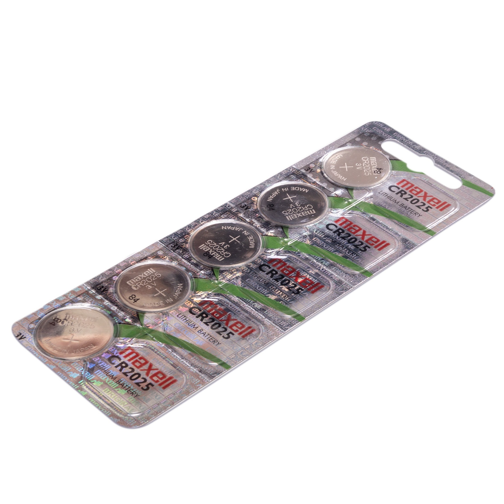 Confezione blister con batterie Maxell CR2025. Batterie argentate visibili all'interno della plastica trasparente.