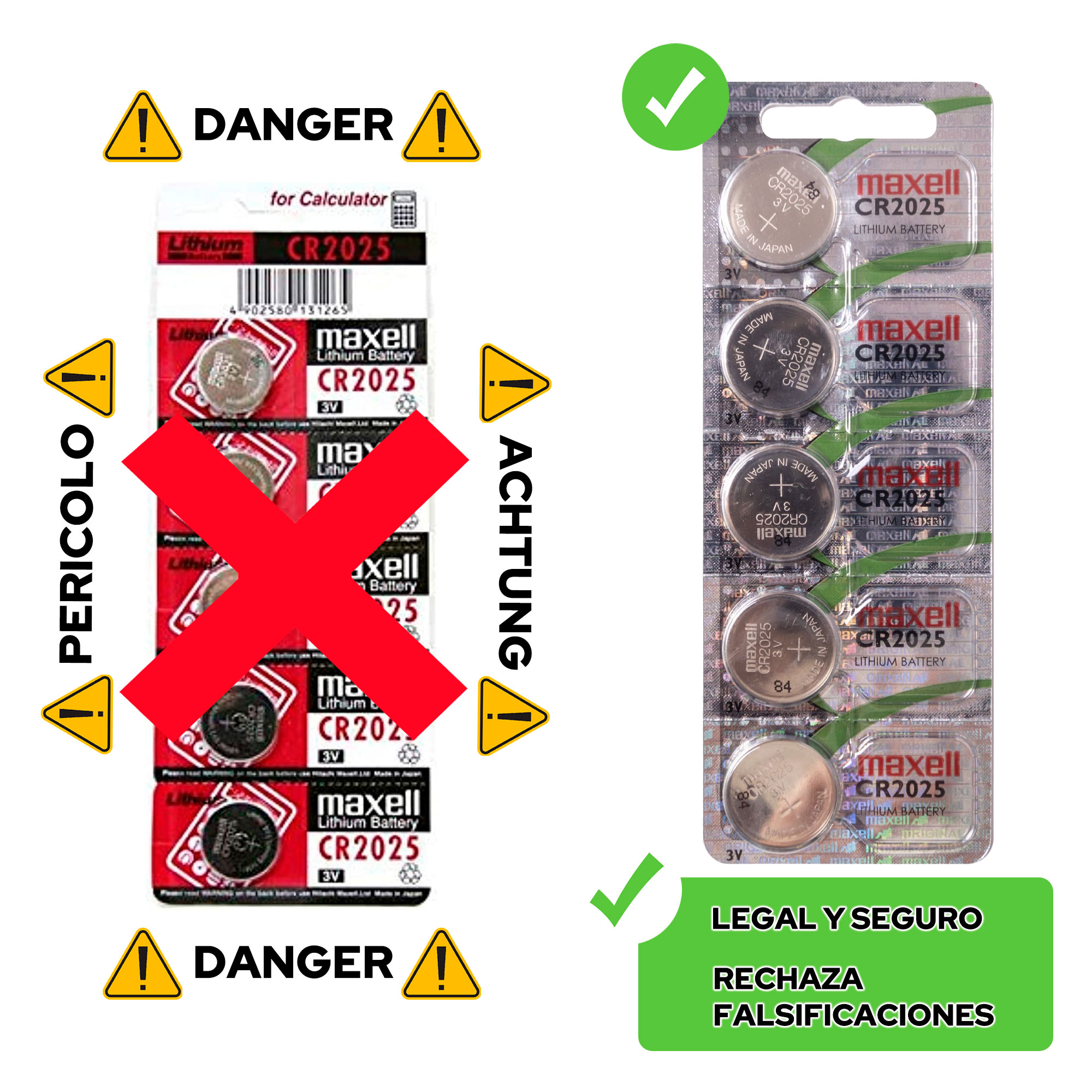 Avvertenze sulle batterie al litio. Un pacco barrato e un pacco con un segno di spunta. 'Pericolo' e 'Legale'.