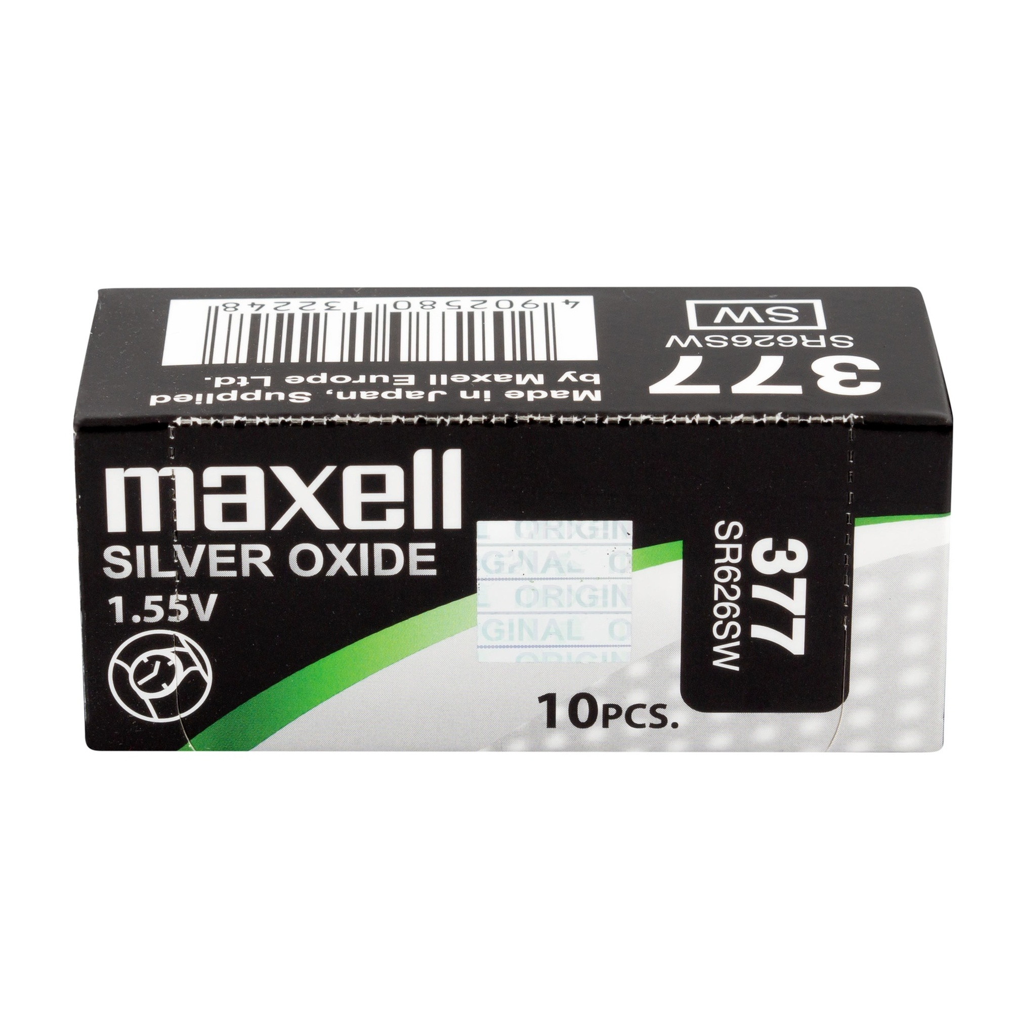 Pudełko baterii Maxell 377 z tlenkiem srebra. Czarno-zielony schemat kolorów. 10 sztuk. Wyprodukowano w Japonii.