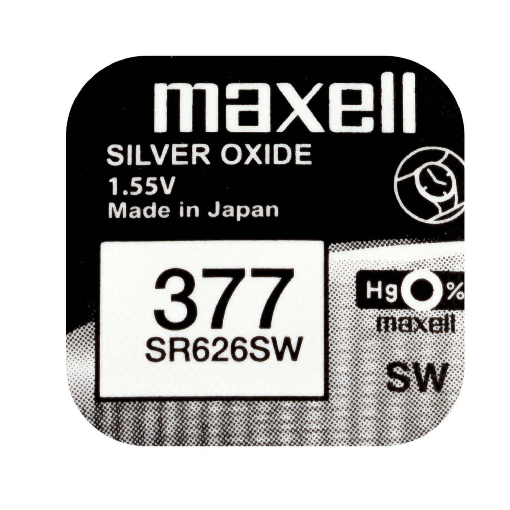 Bateria srebrowo-tlenkowa Maxell z oznaczeniem '377 SR626SW', ze szczegółami napięcia i wyprodukowano w Japonii.
