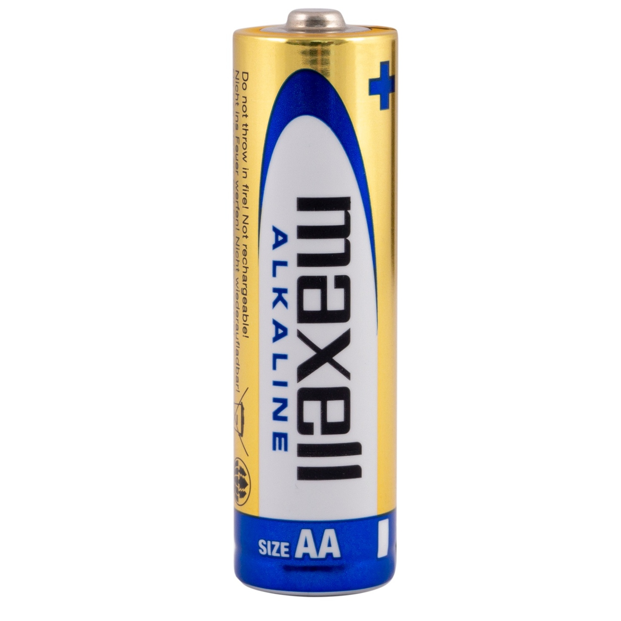 Złoto-niebieska bateria alkaliczna AA Maxell. Ma nadrukowany tekst i ostrzeżenia.