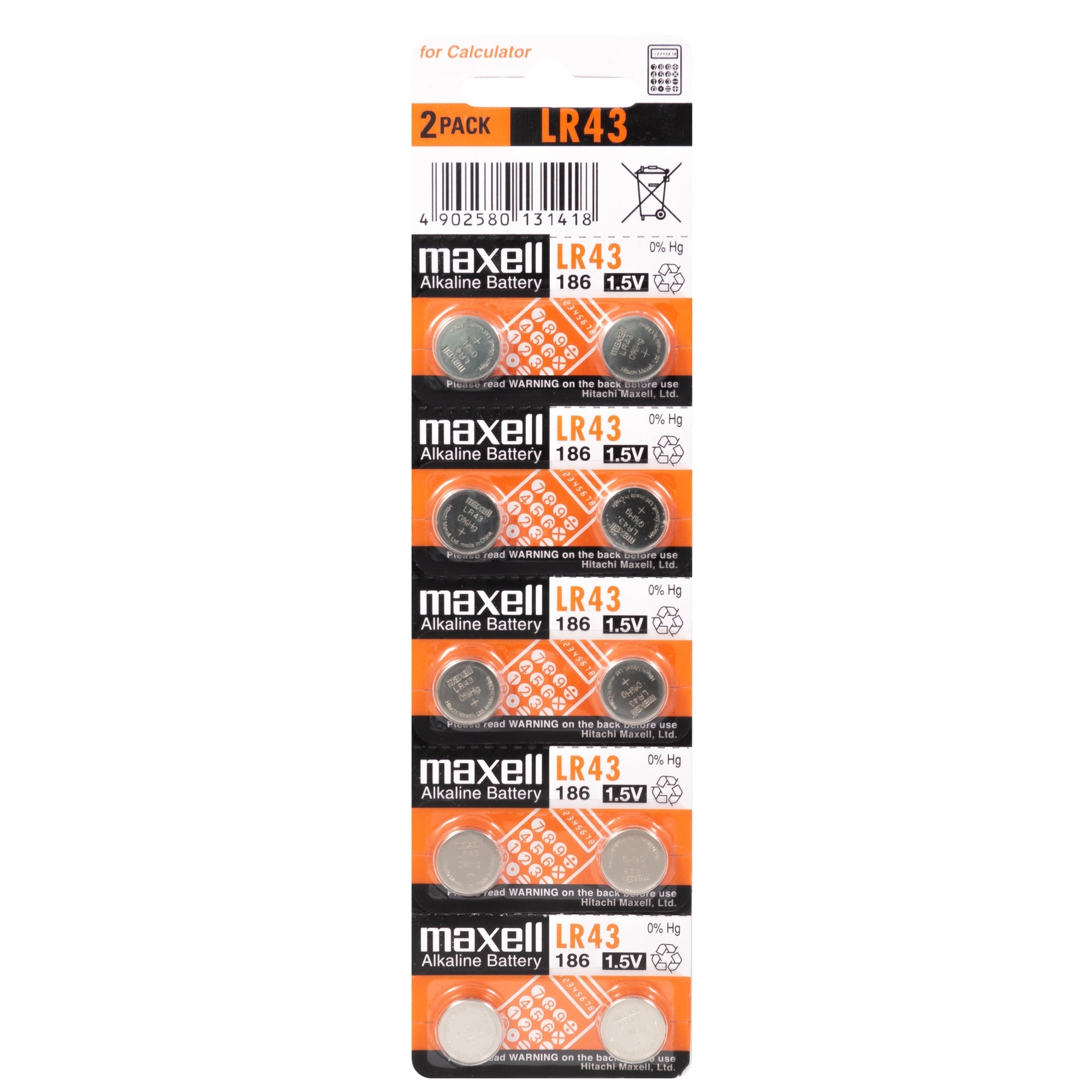 Due confezioni di batterie alcaline Maxell LR43. Le batterie sono piccole e rotonde.