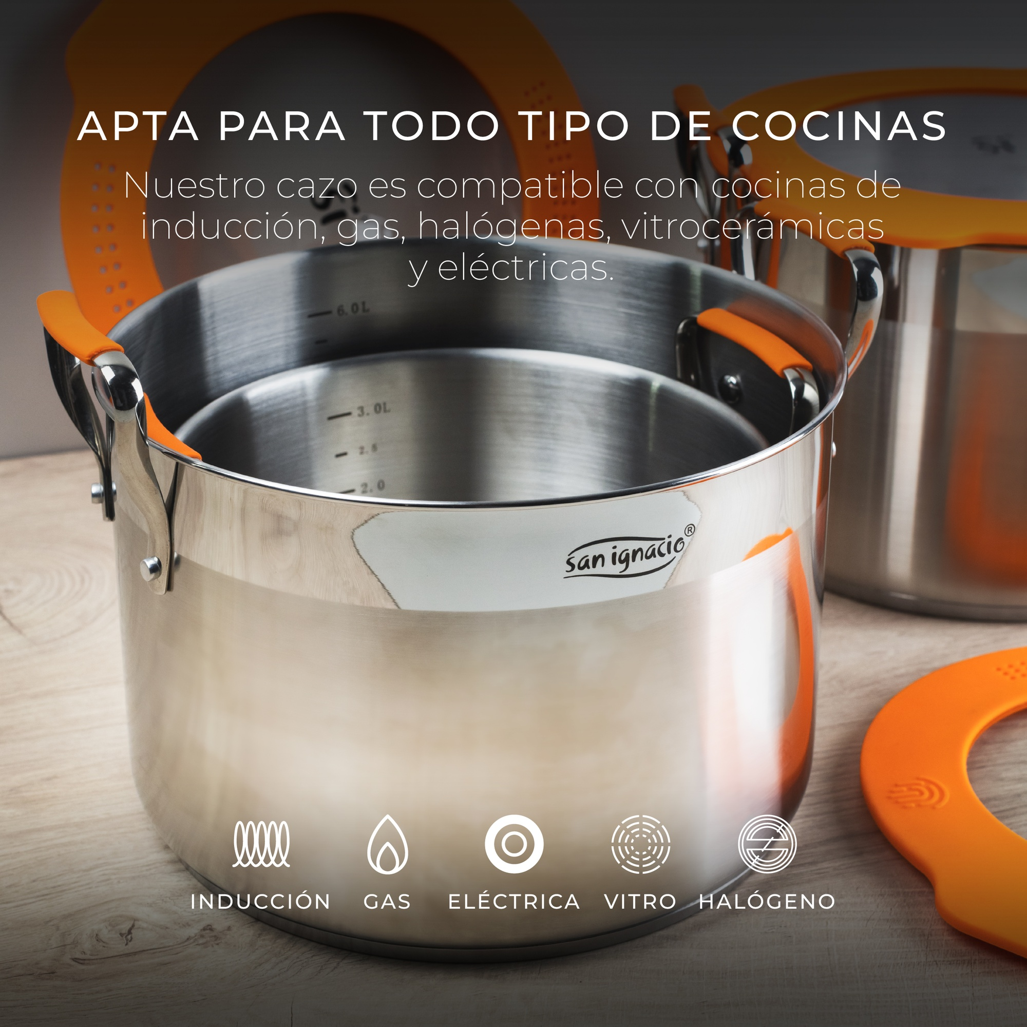 Ollas de acero inoxidable con asas y bordes naranjas, iconos para inducción, gas, eléctrico, vitro y halógeno.