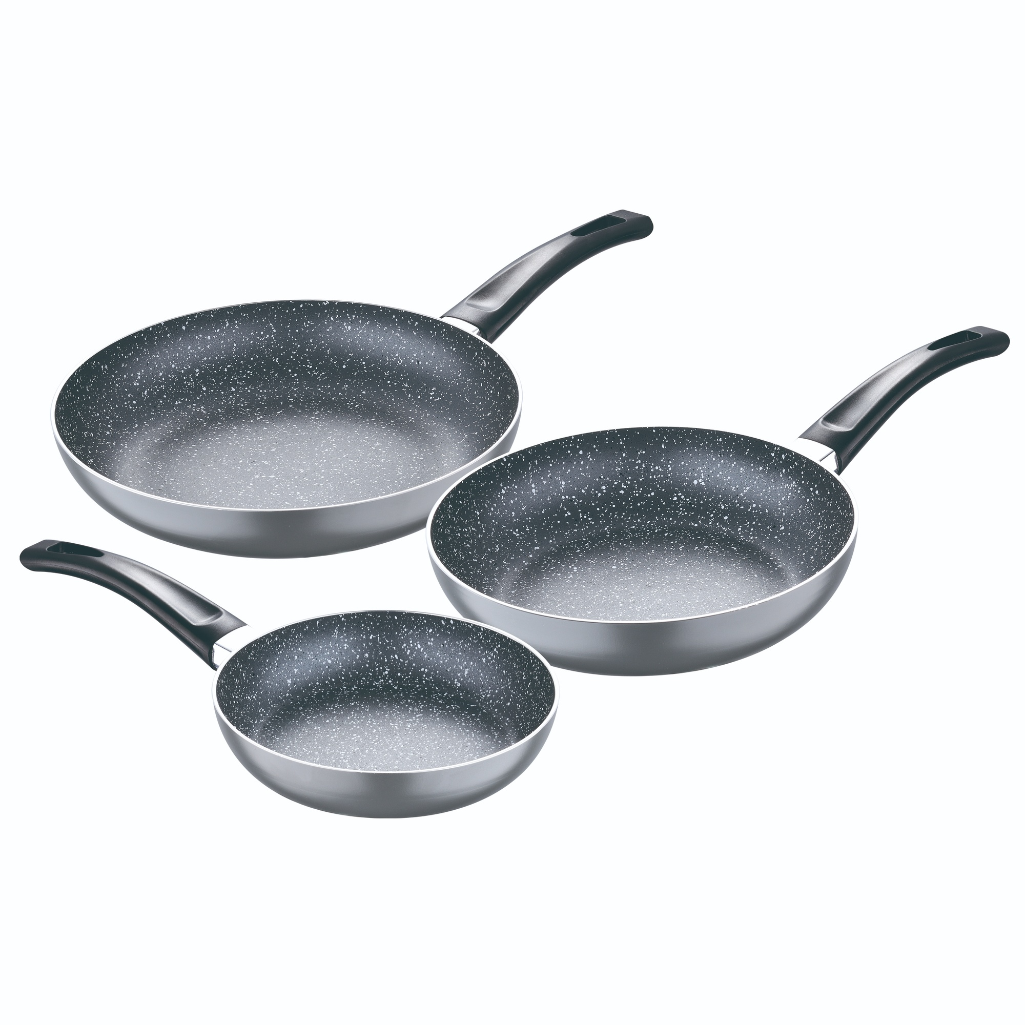 Juego de tres sartenes antiadherentes, con superficie gris moteada.