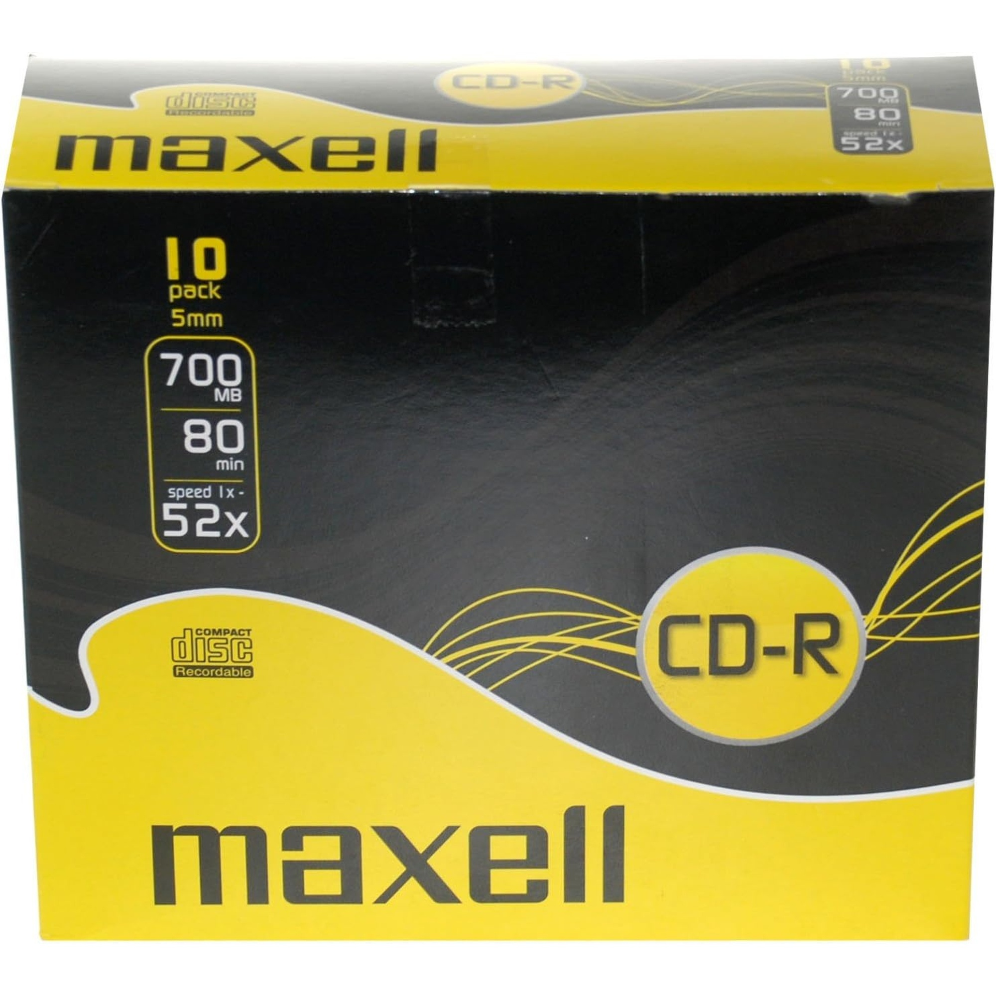 Caja Maxell CD-R de 10 unidades. Diseño amarillo y negro. Detalles del CD-R listados.