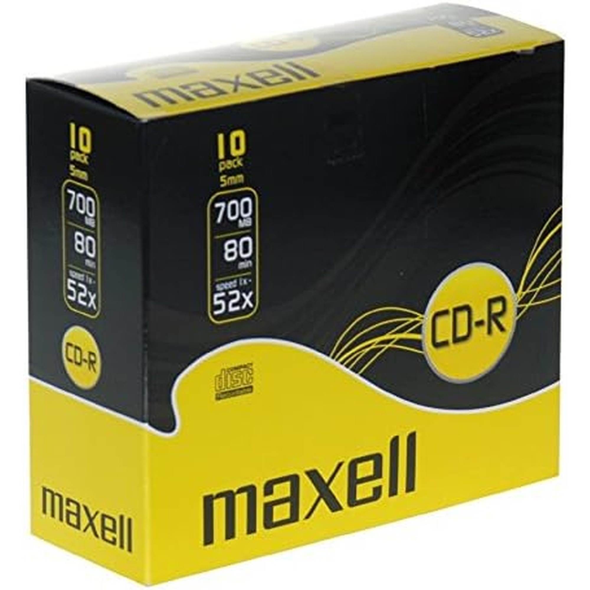 Caja de CD-R negra y amarilla. Muestra texto y un símbolo de CD-R.
