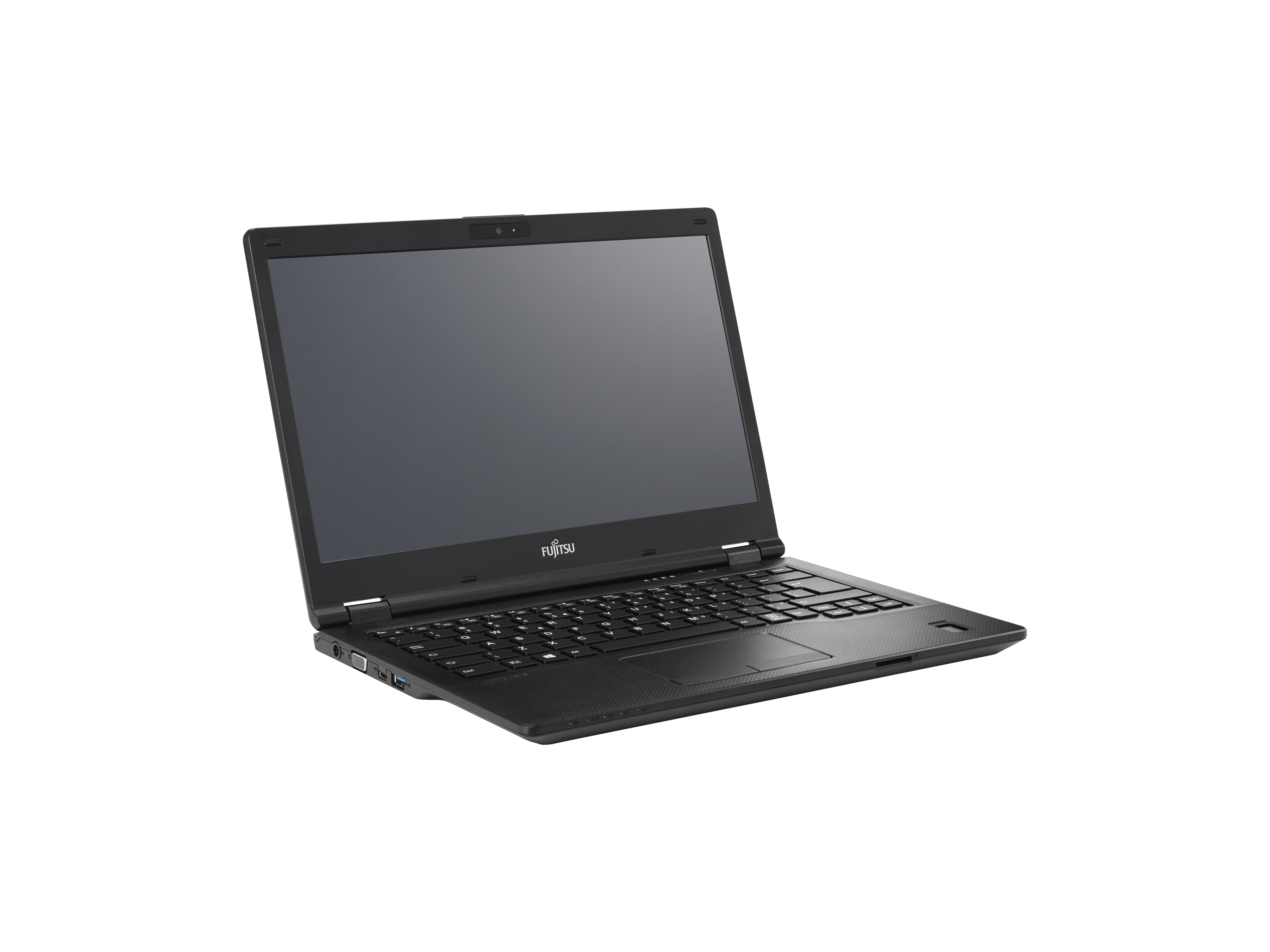 Schwarzer Laptop mit offenem Bildschirm, Fujitsu-Logo sichtbar.