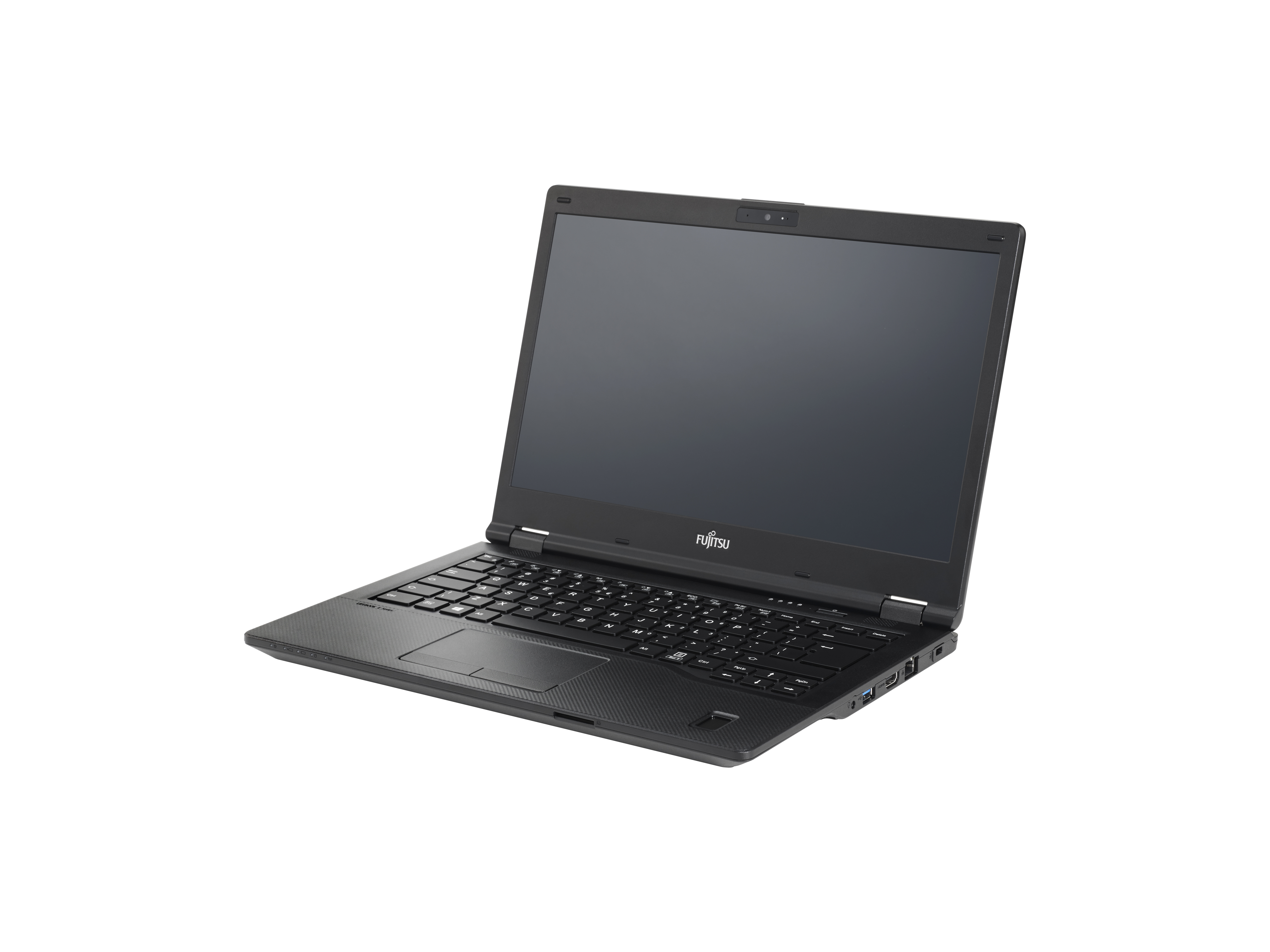 Schwarzer Laptop mit geschlossenem Bildschirm, nach rechts angewinkelt, auf weißem Hintergrund.