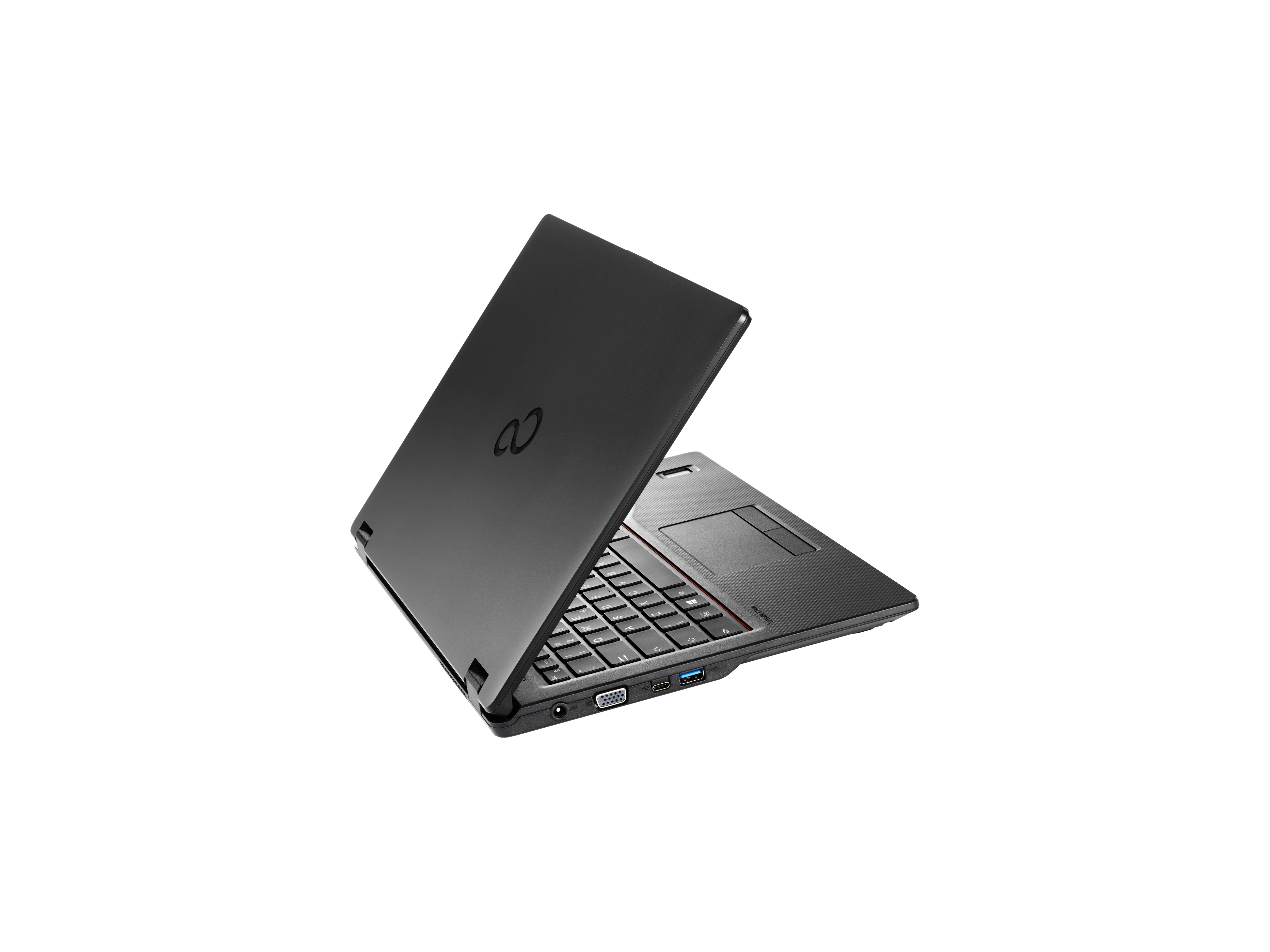 Schwarzer Laptop in einem Winkel geöffnet, zeigt die Tastatur und den Bildschirm. Der Bildschirm ist schwarz.