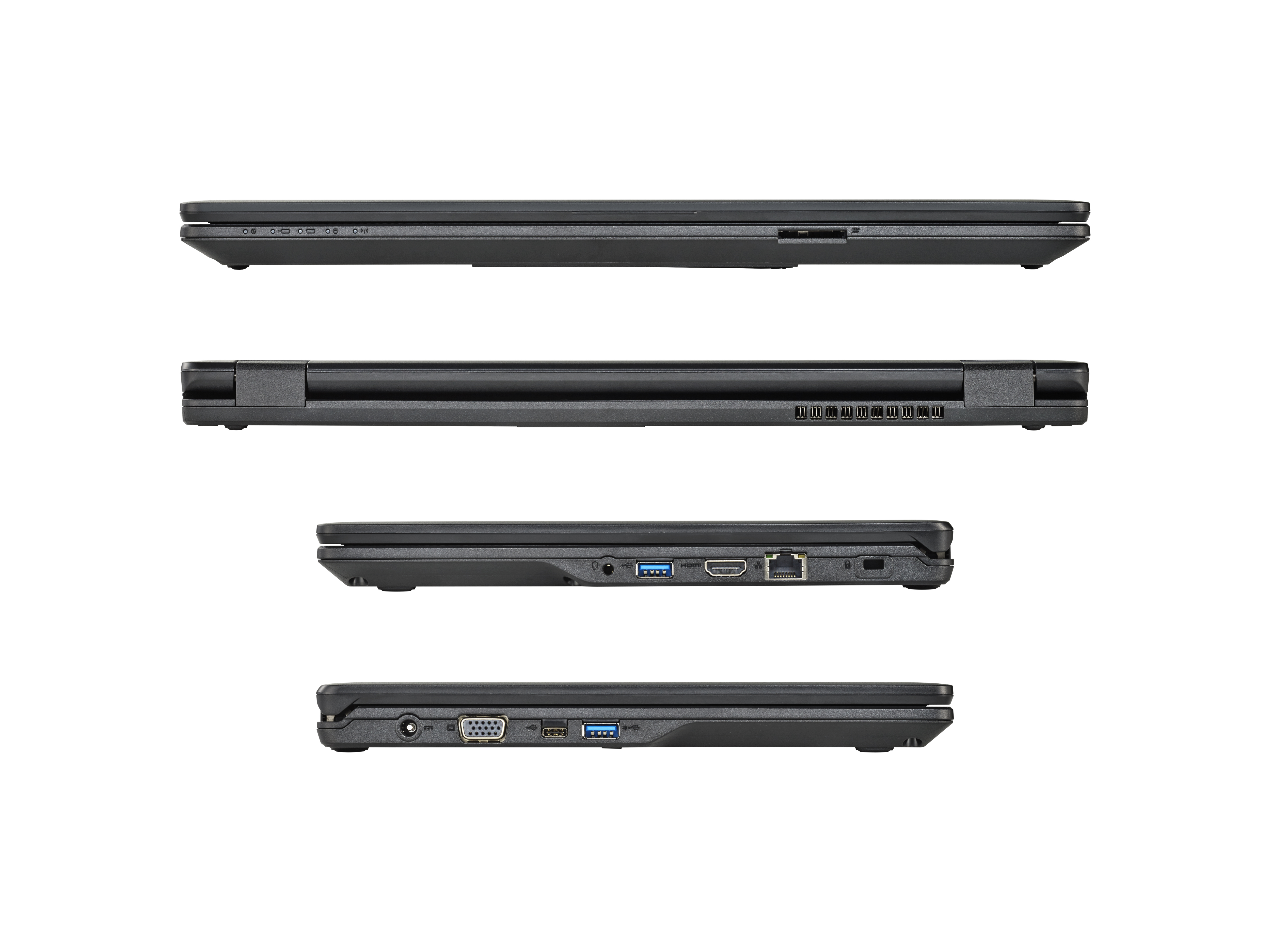 Vier Seitenansichten eines schwarzen Laptops, die Anschlüsse und Designmerkmale zeigen.