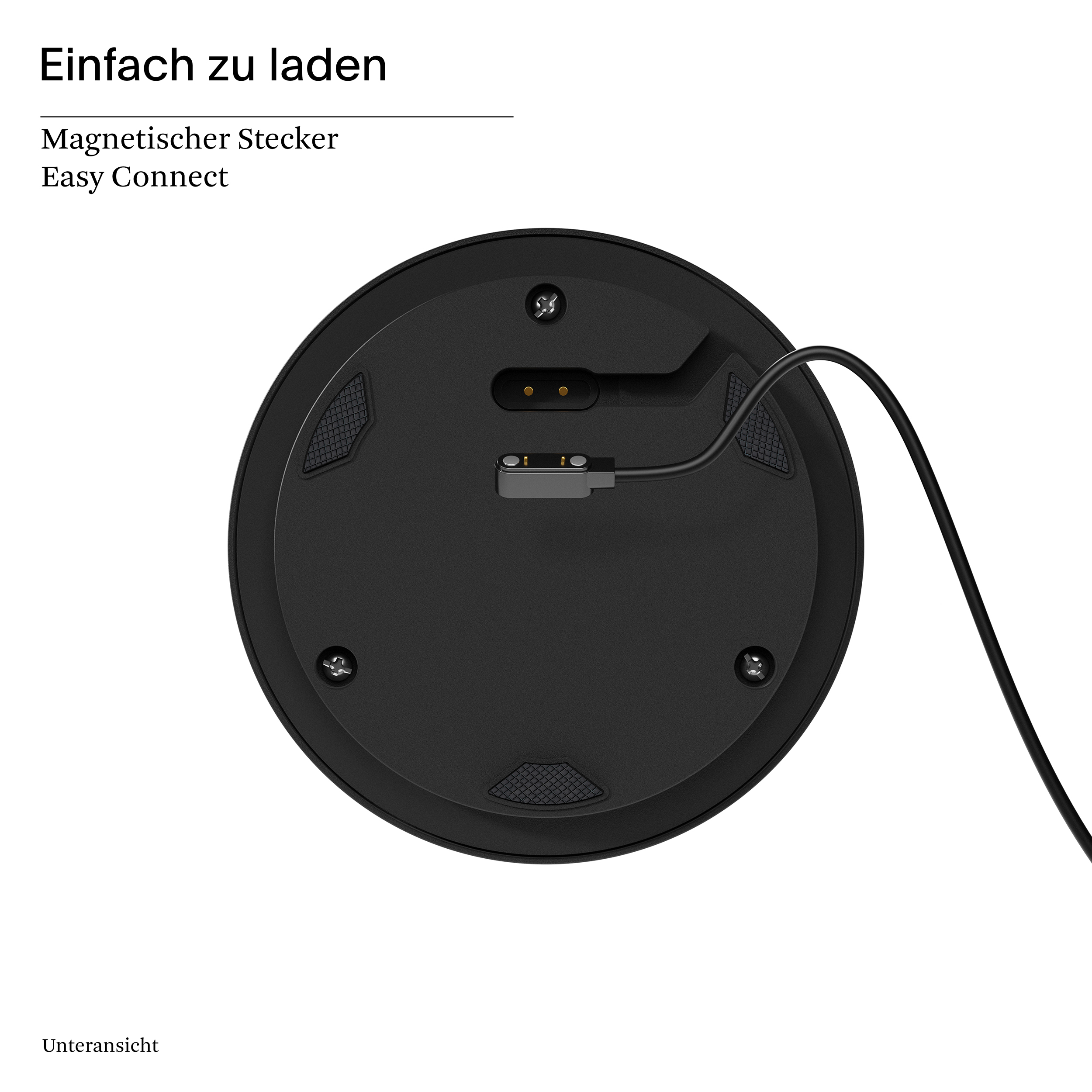Schwarze runde Basis mit Magnetlader und Kabel, die Worte 'Magnetischer Stecker', 'Easy Connect'.